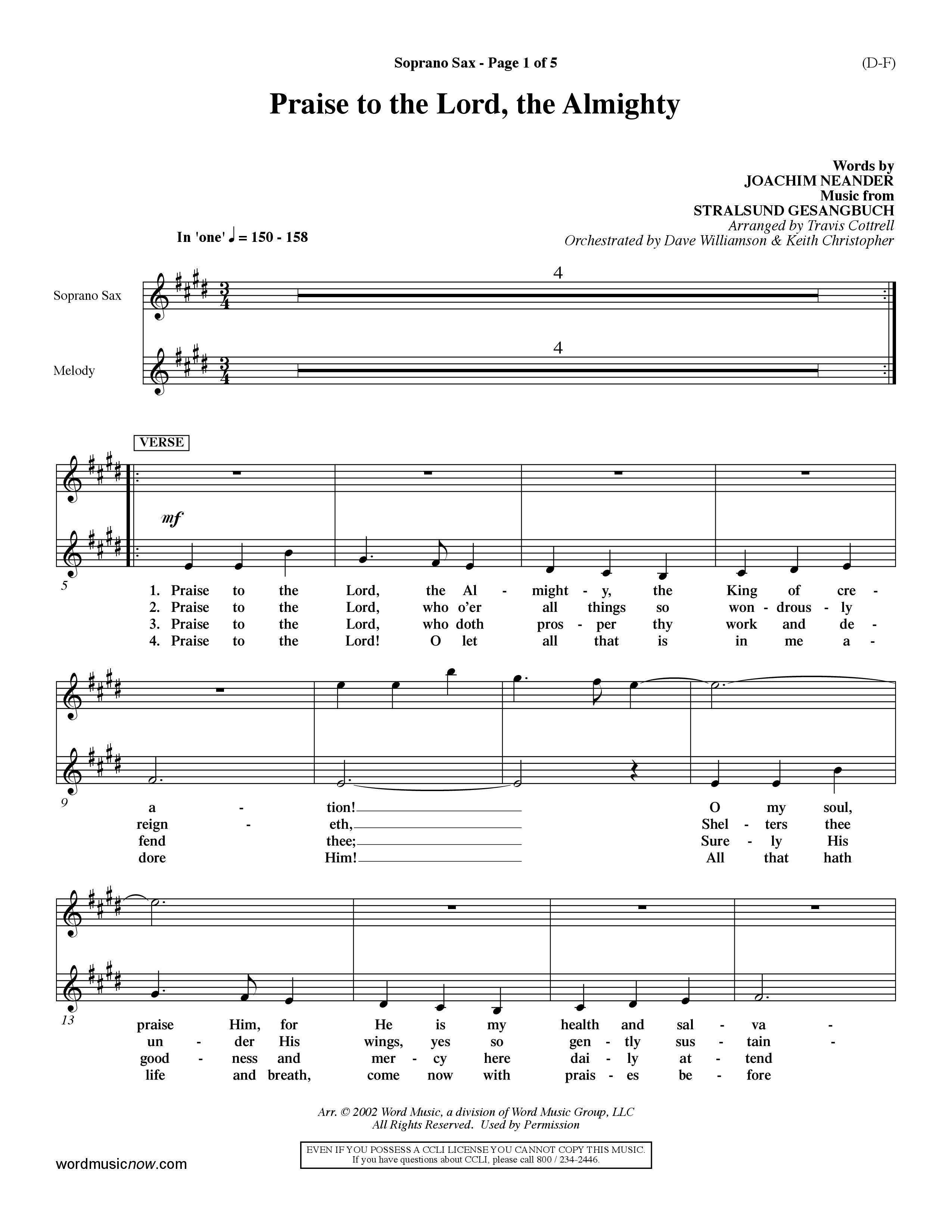 Praise To The Lord The Almighty (Choral Anthem SATB) Saxophone (Word Music Choral / Arr. Travis Cottrell / Orch. Dave Williamson / Orch. Keith Christopher)