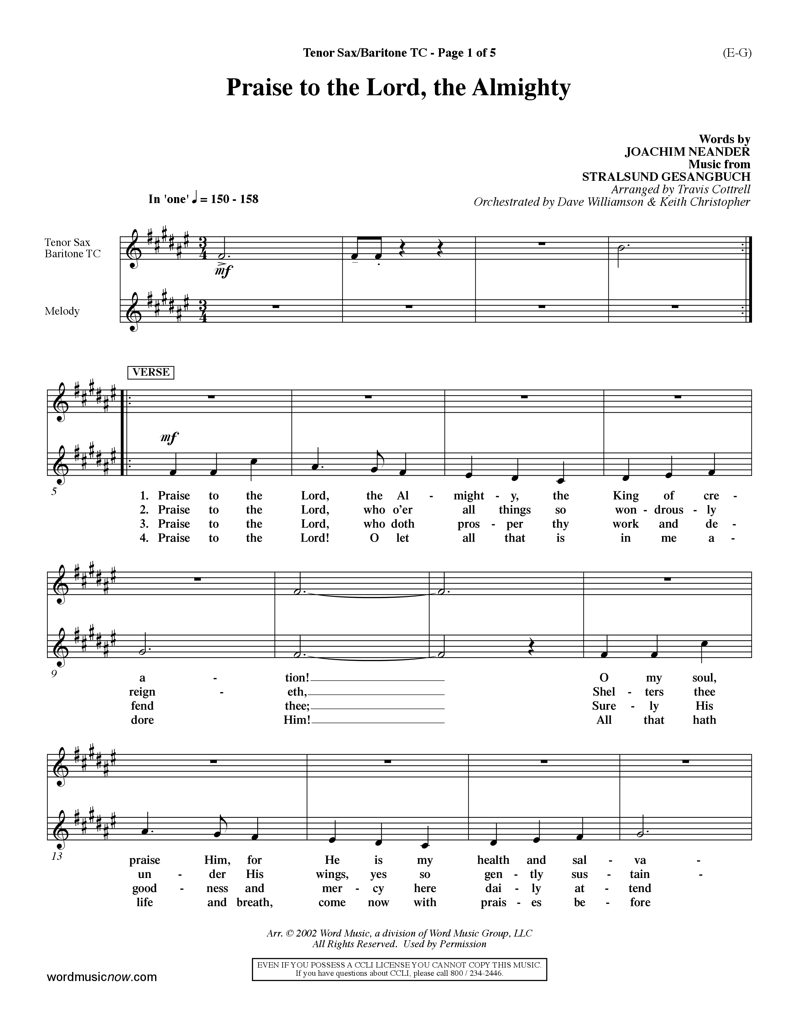 Praise To The Lord The Almighty (Choral Anthem SATB) Tenor Sax/Baritone T.C. (Word Music Choral / Arr. Travis Cottrell / Orch. Dave Williamson / Orch. Keith Christopher)