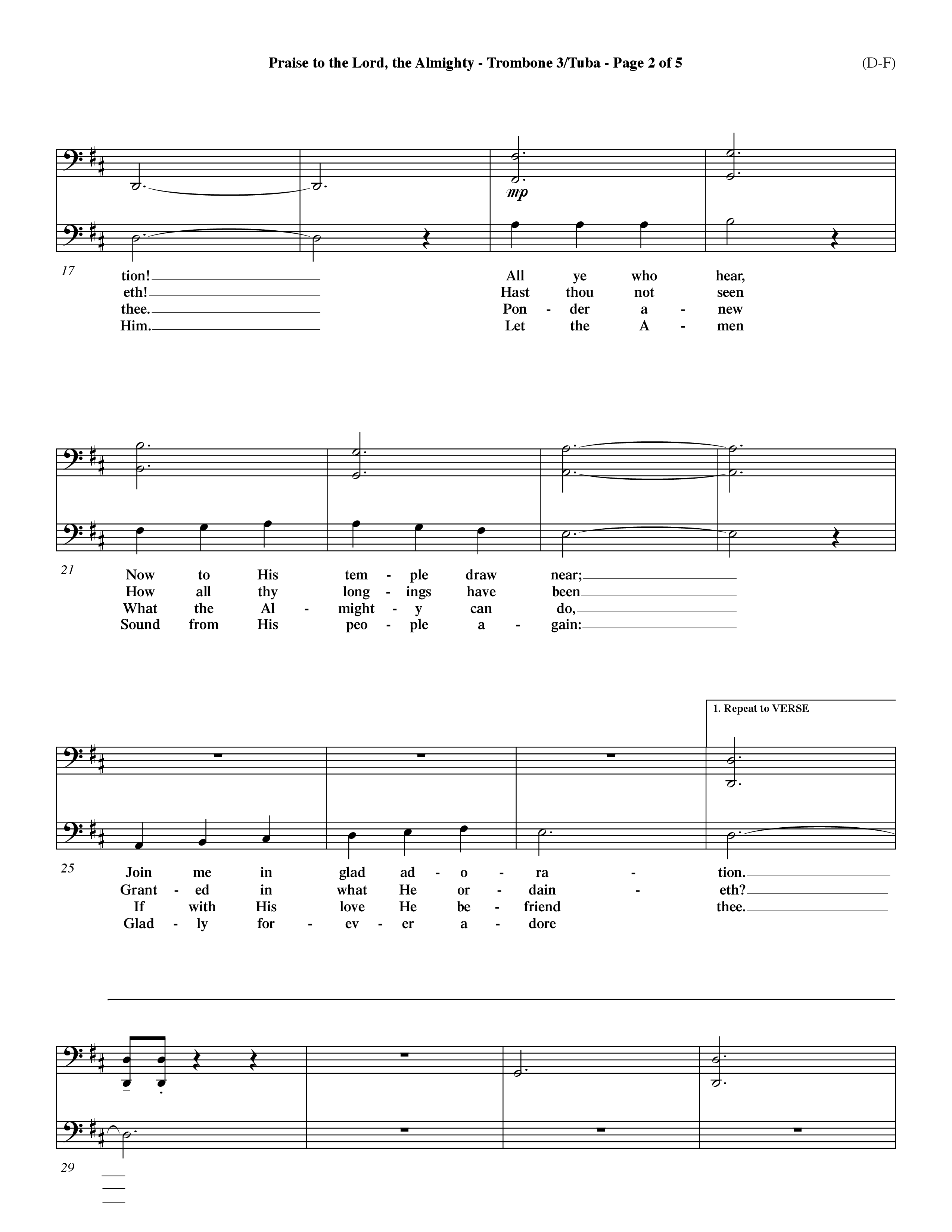 Praise To The Lord The Almighty (Choral Anthem SATB) Trombone 3/Tuba (Word Music Choral / Arr. Travis Cottrell / Orch. Dave Williamson / Orch. Keith Christopher)