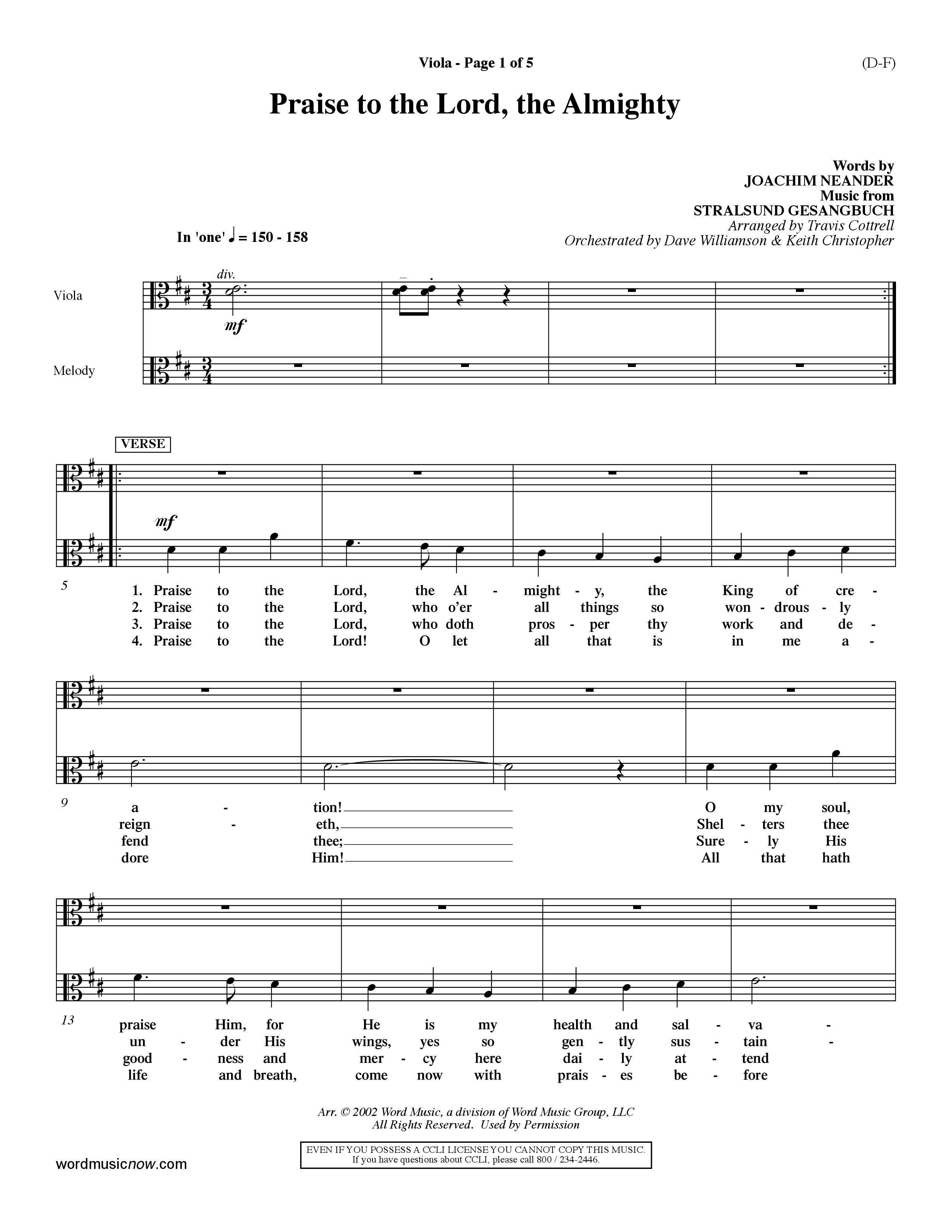 Praise To The Lord The Almighty (Choral Anthem SATB) Viola (Word Music Choral / Arr. Travis Cottrell / Orch. Dave Williamson / Orch. Keith Christopher)
