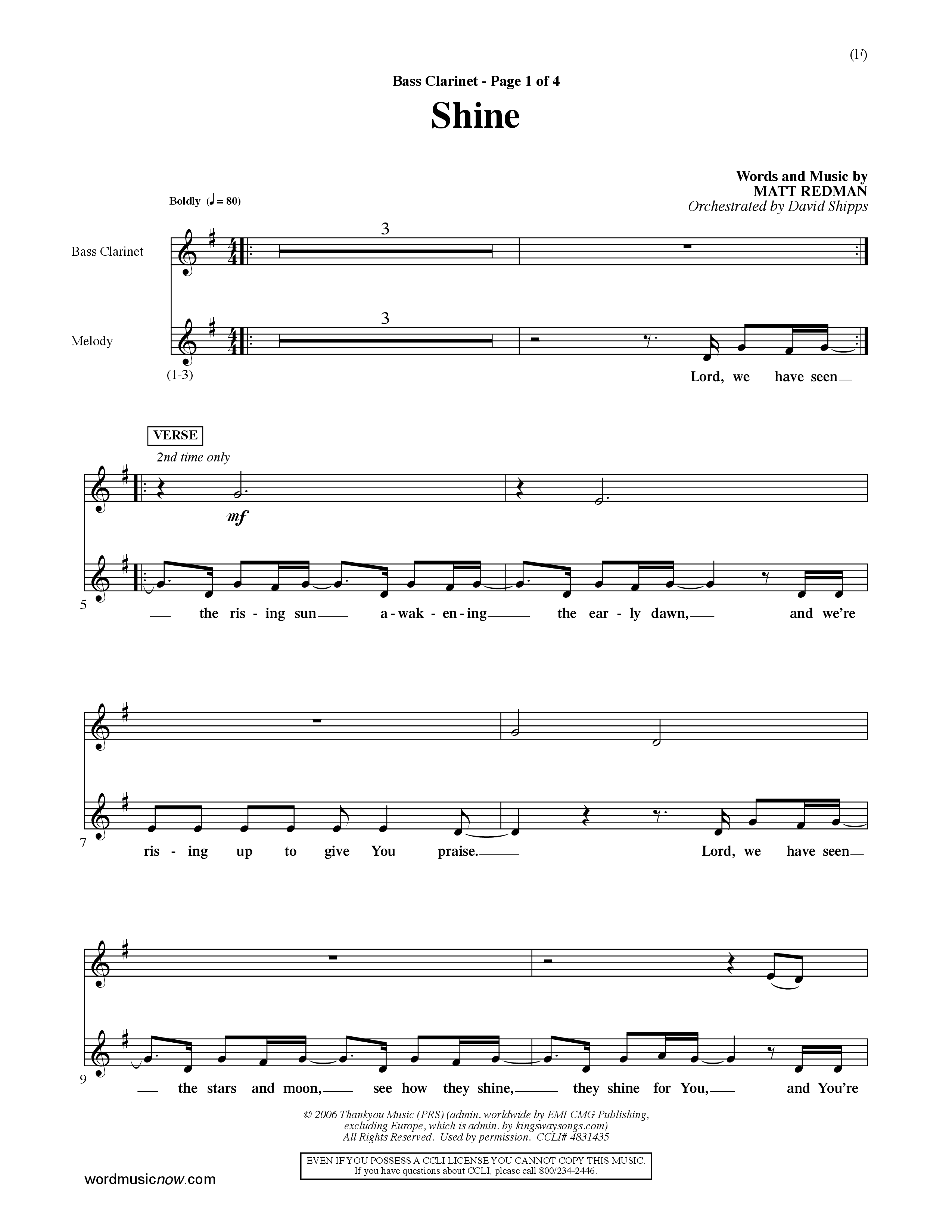 Shine (Choral Anthem SATB) Bass Clarinet (Word Music Choral / Orch. David Shipps)