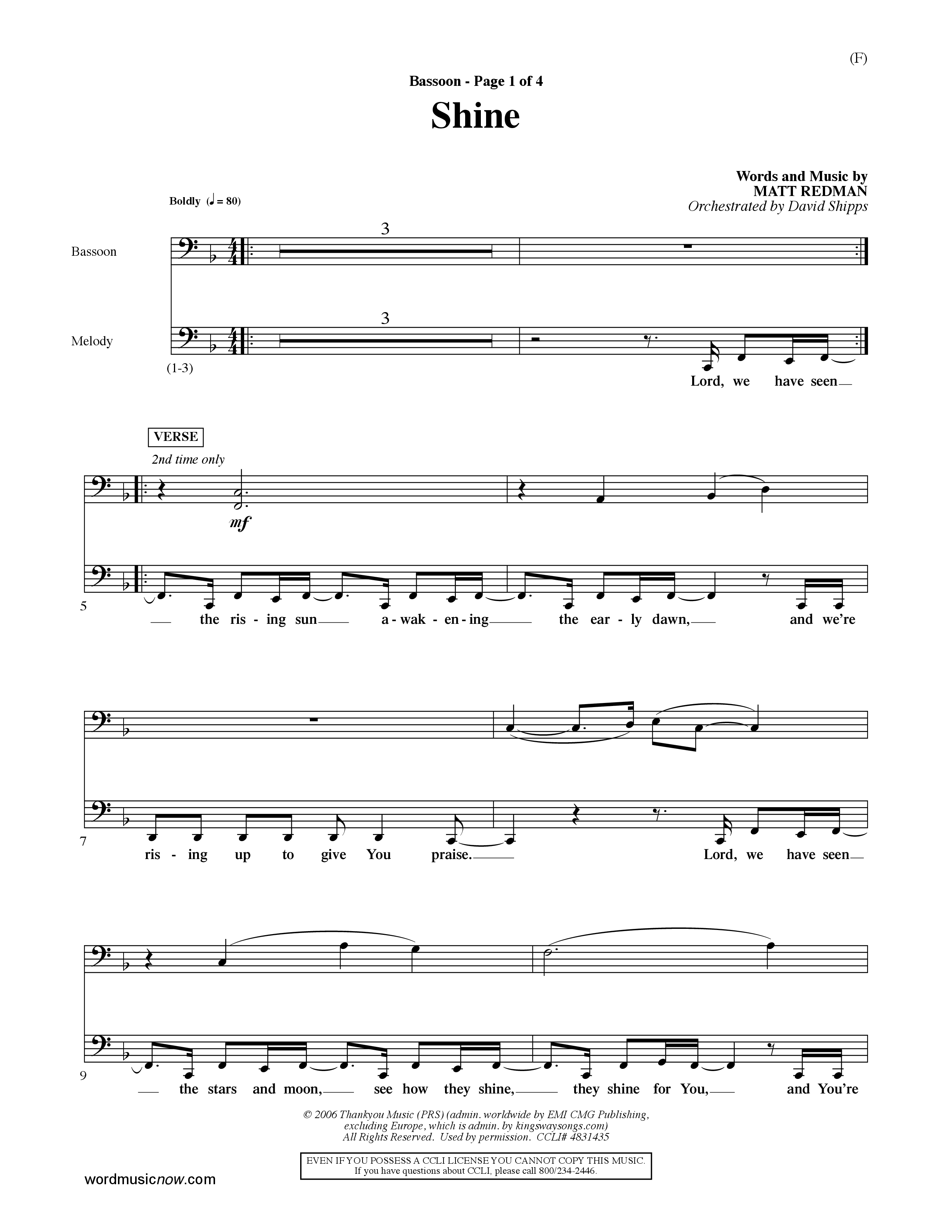 Shine (Choral Anthem SATB) Bassoon (Word Music Choral / Orch. David Shipps)