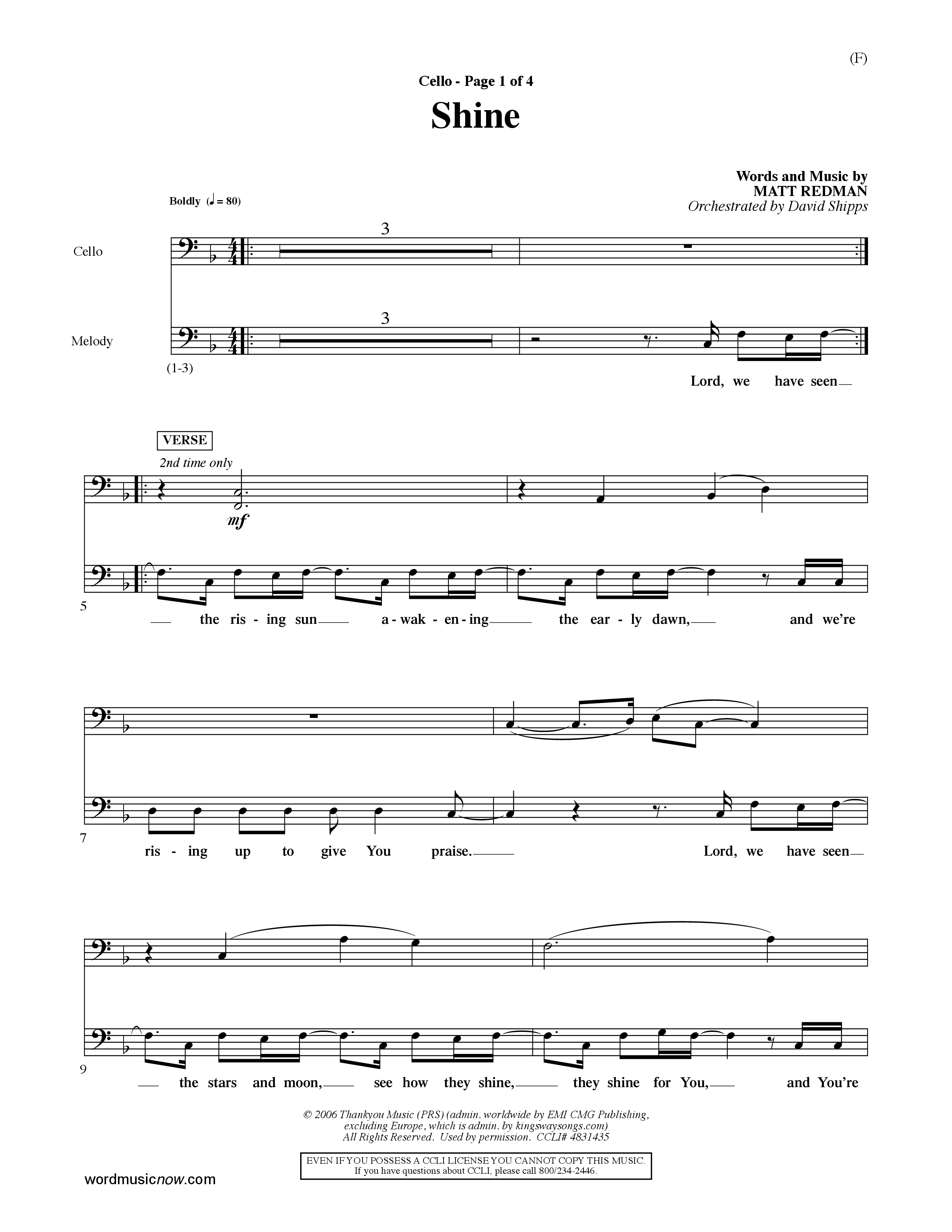 Shine (Choral Anthem SATB) Cello (Word Music Choral / Orch. David Shipps)