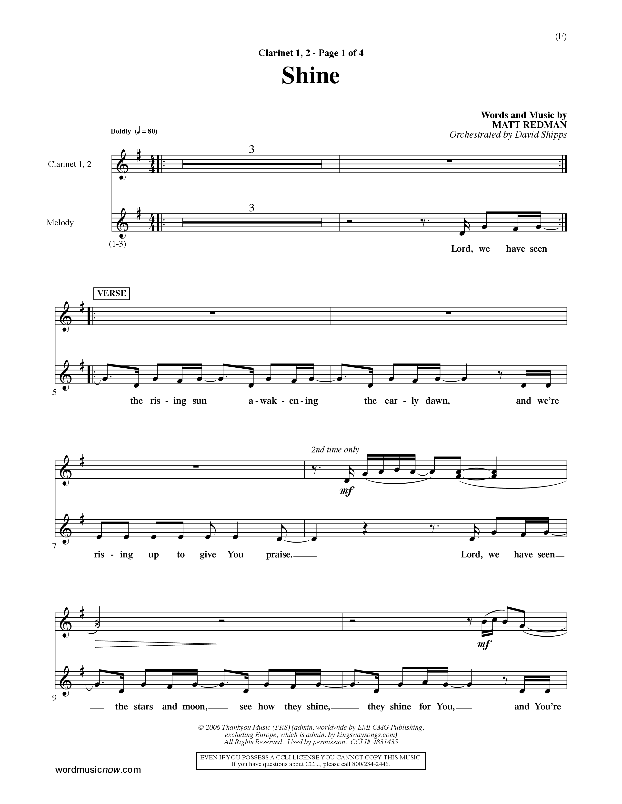 Shine (Choral Anthem SATB) Clarinet 1/2 (Word Music Choral / Orch. David Shipps)