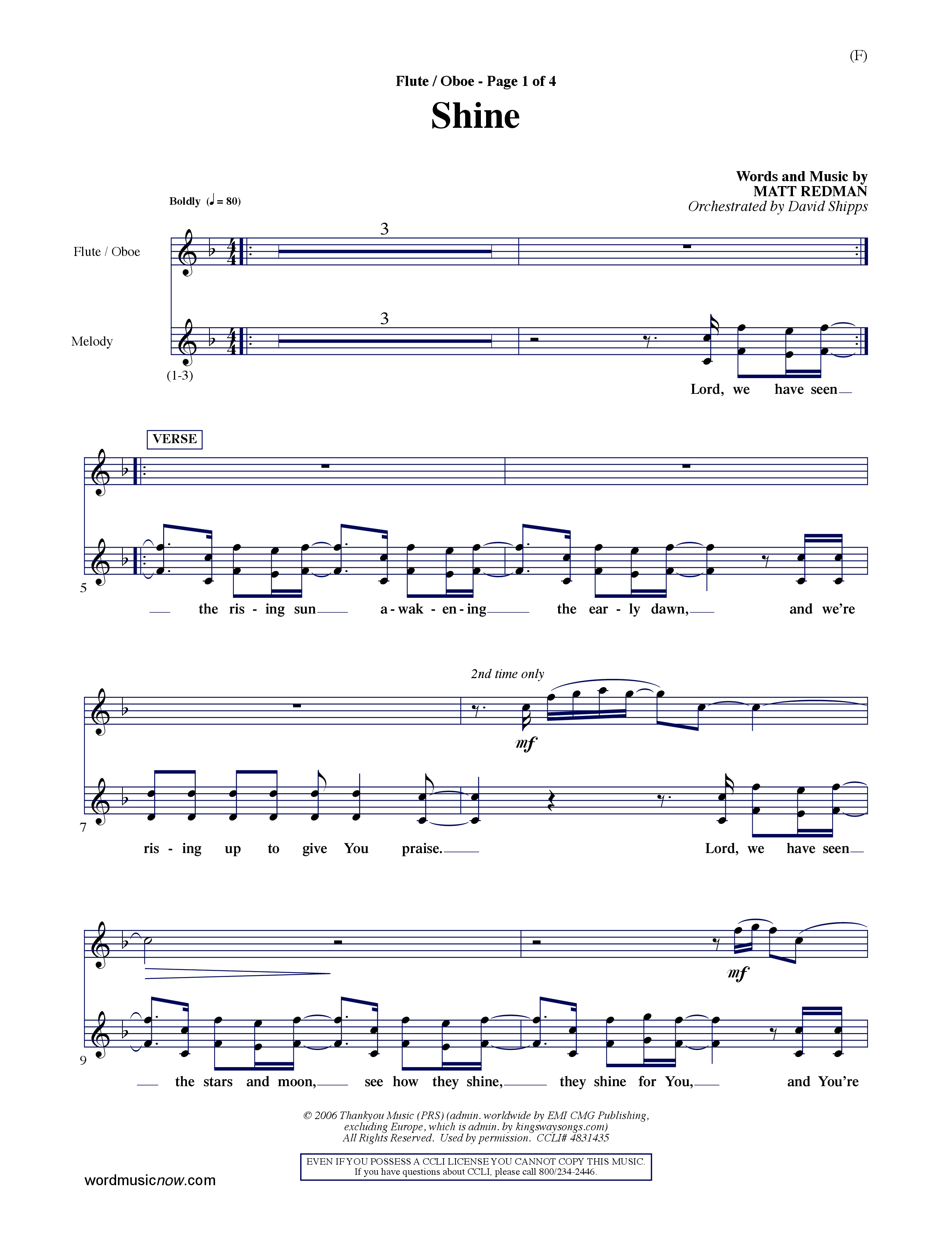 Shine (Choral Anthem SATB) Flute/Oboe (Word Music Choral / Orch. David Shipps)