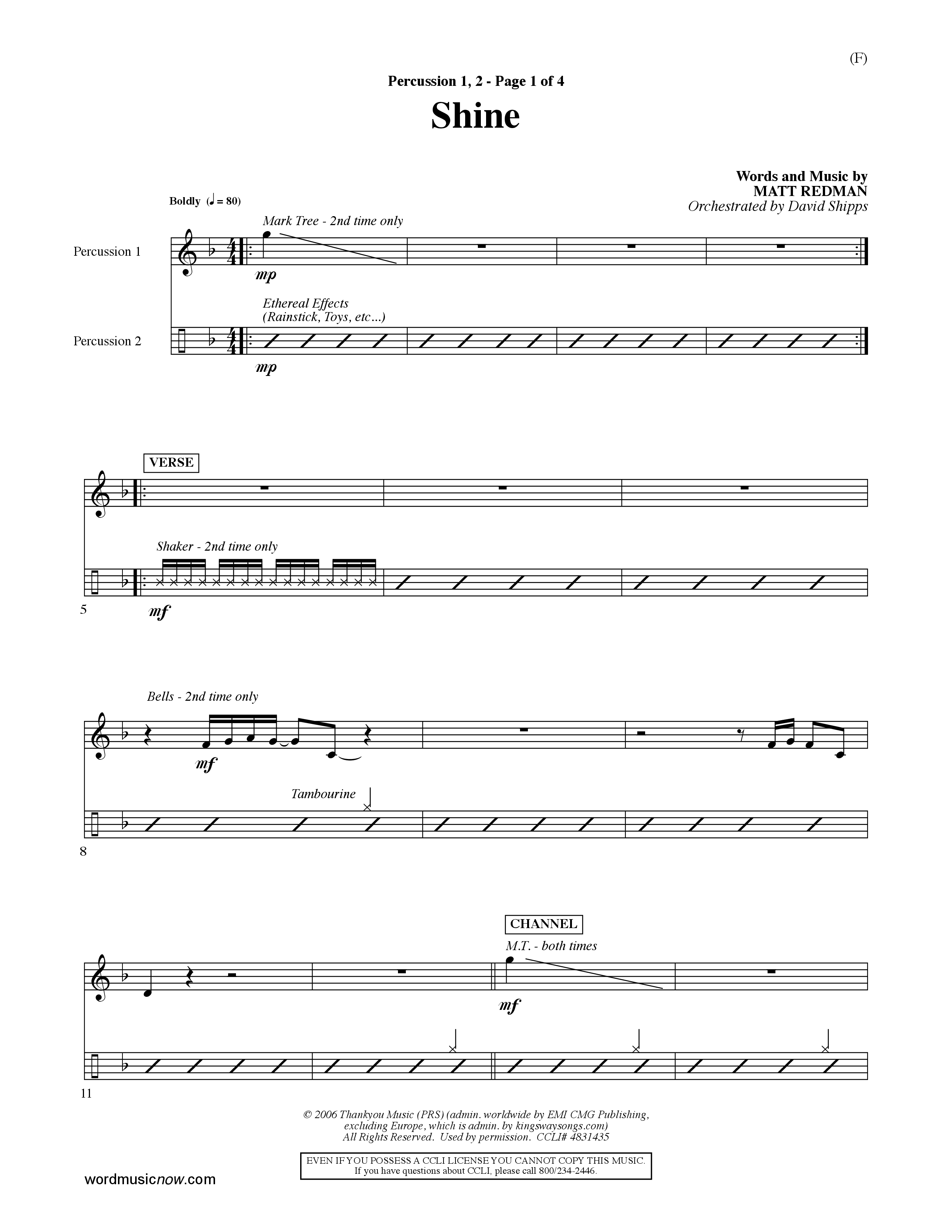 Shine (Choral Anthem SATB) Percussion 1/2 (Word Music Choral / Orch. David Shipps)