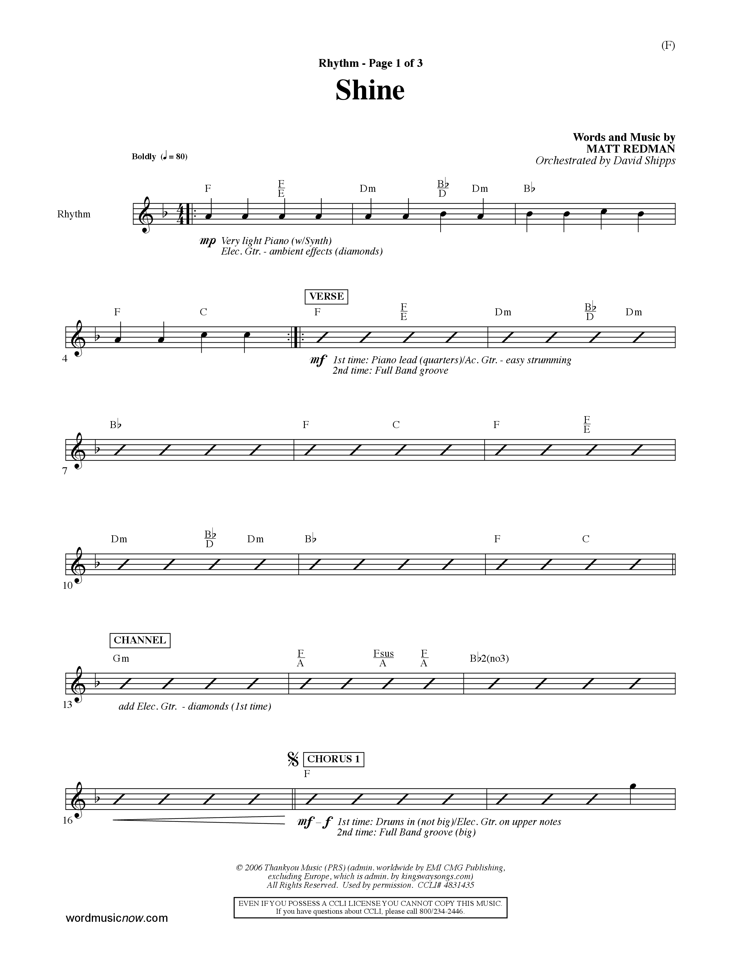 Shine (Choral Anthem SATB) Rhythm Chart (Word Music Choral / Orch. David Shipps)