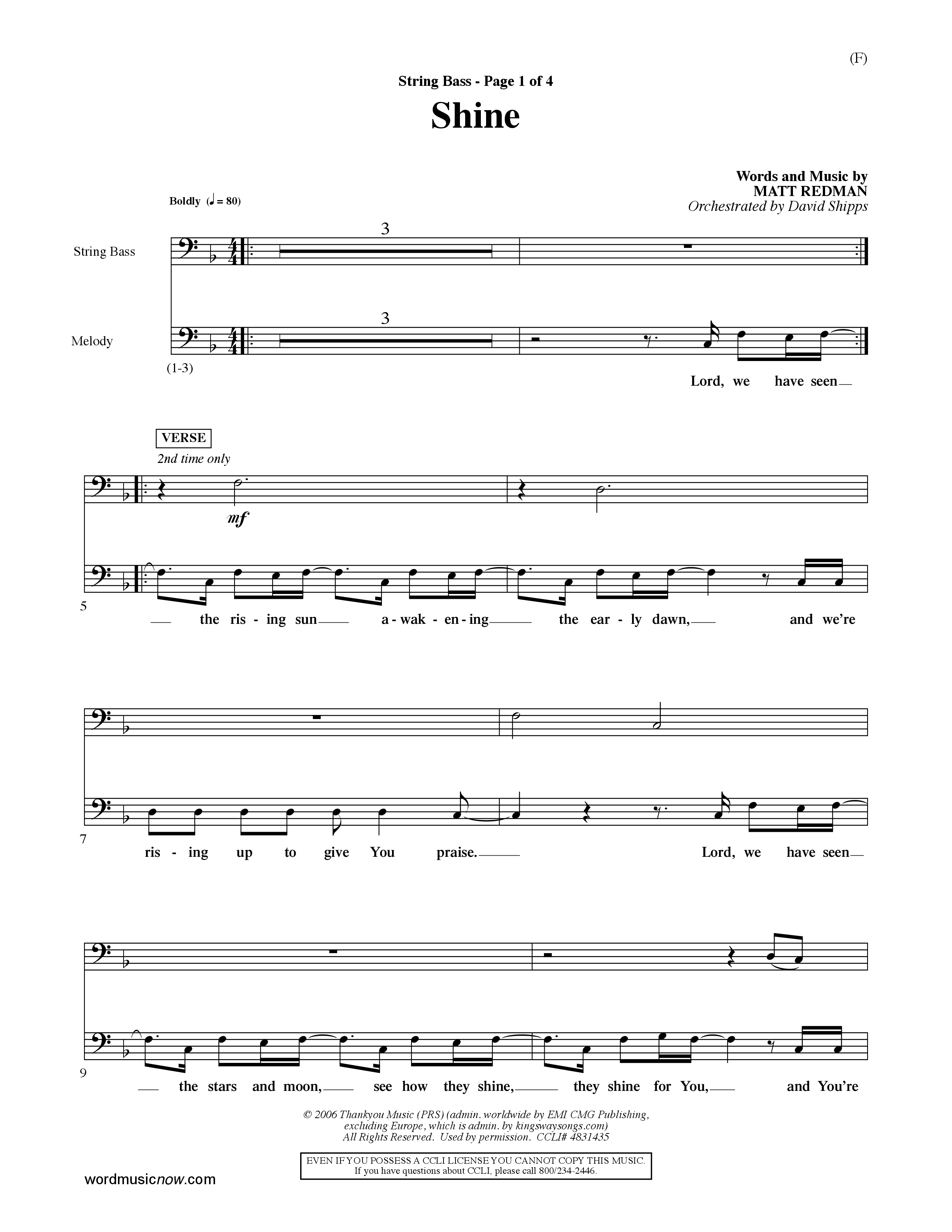 Shine (Choral Anthem SATB) String Bass (Word Music Choral / Orch. David Shipps)