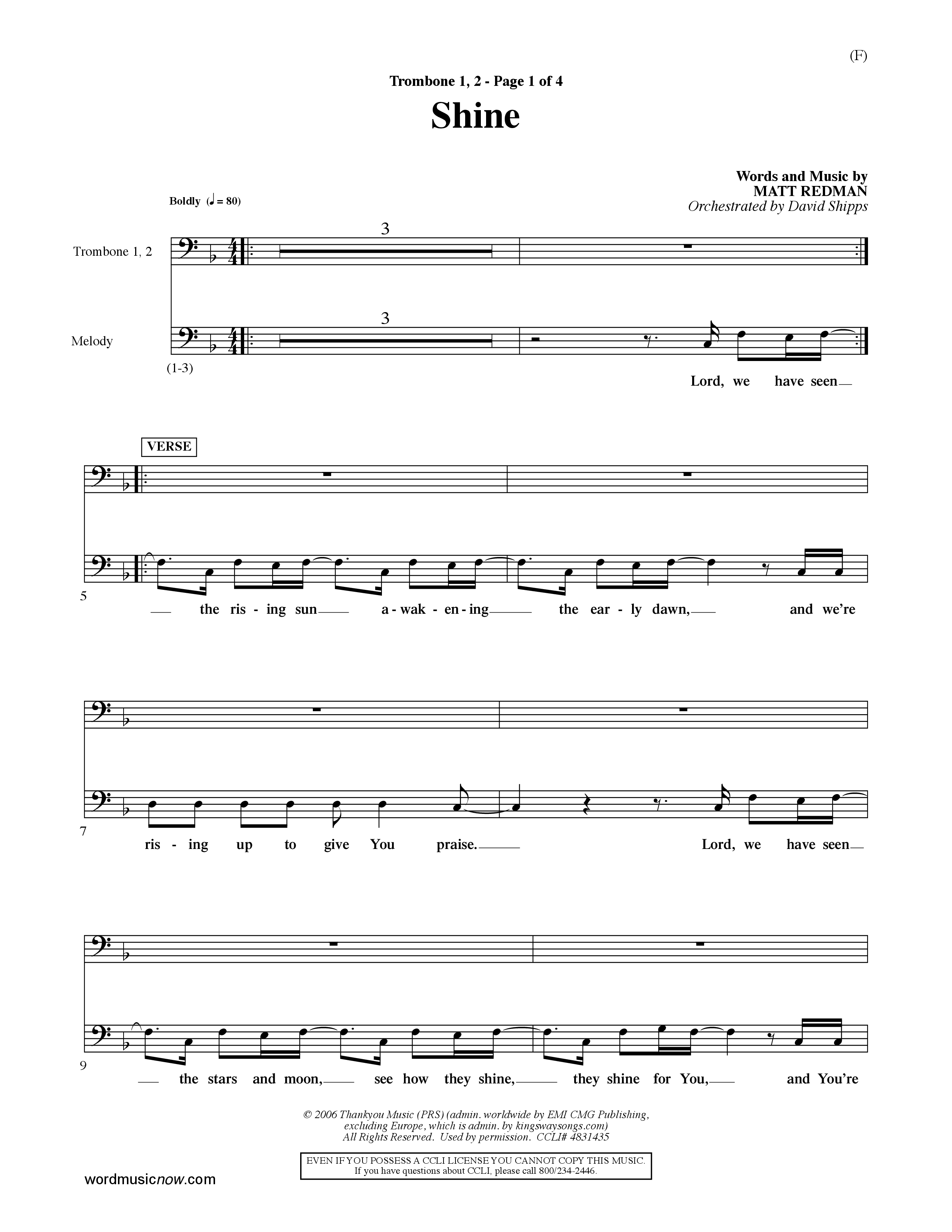 Shine (Choral Anthem SATB) Trombone 1/2 (Word Music Choral / Orch. David Shipps)