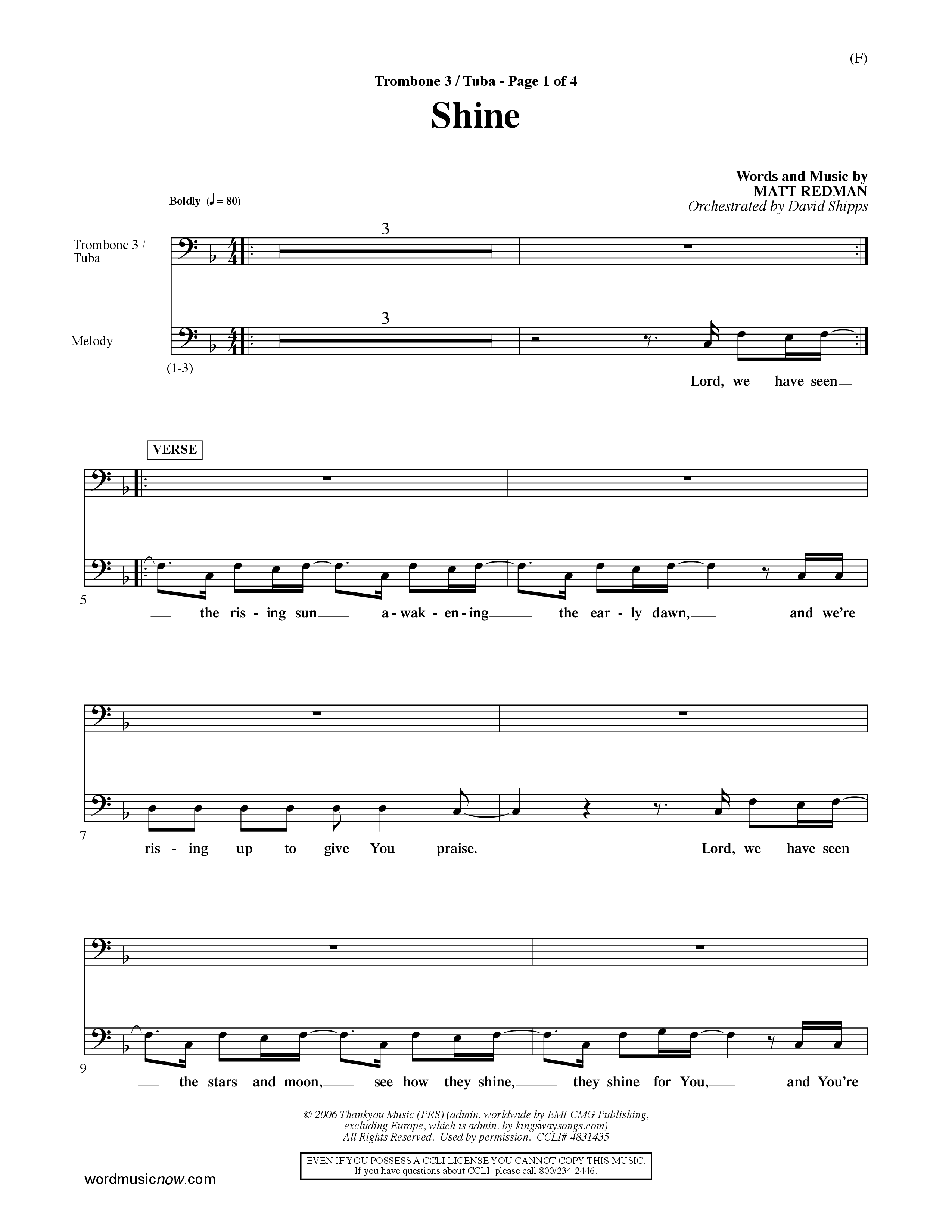 Shine (Choral Anthem SATB) Trombone 3/Tuba (Word Music Choral / Orch. David Shipps)