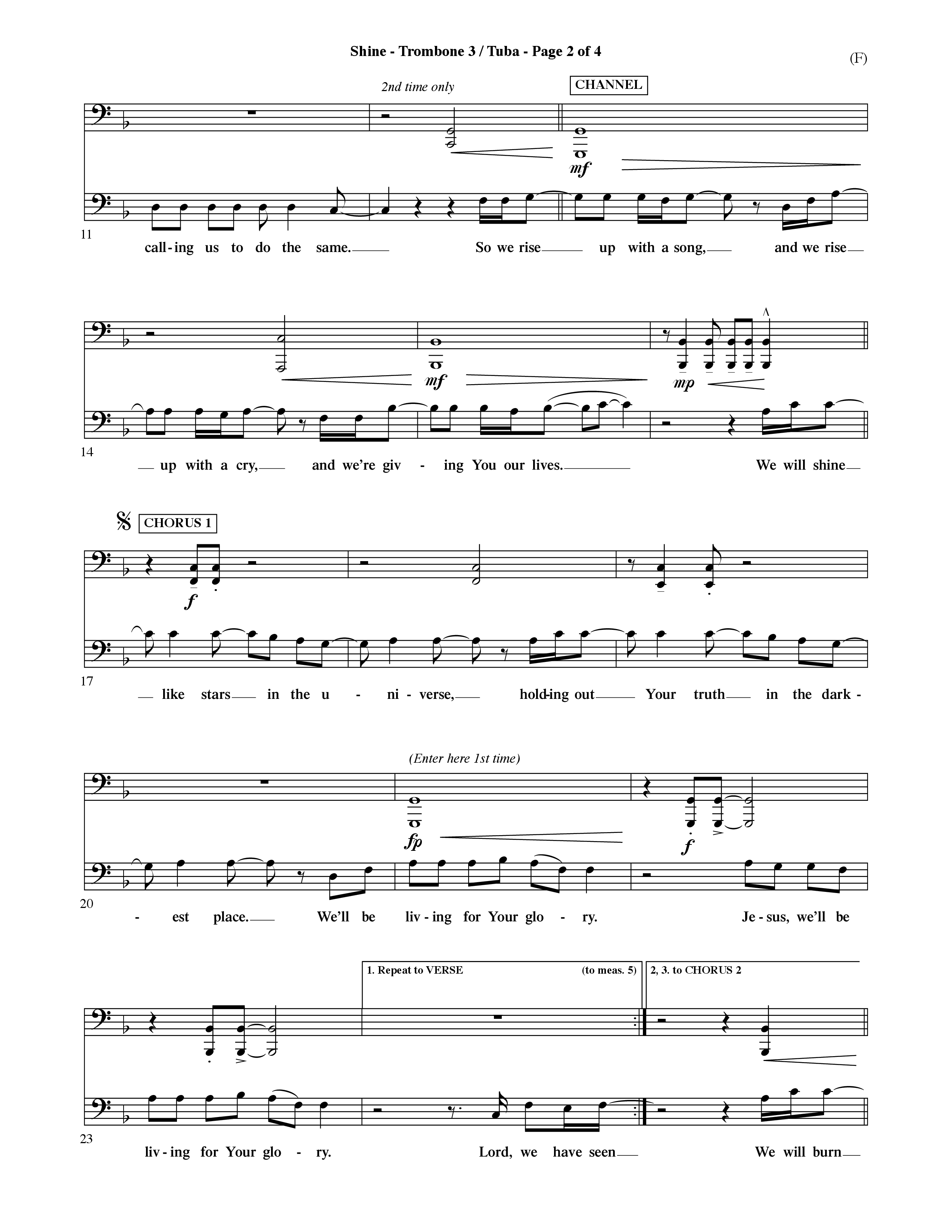 Shine (Choral Anthem SATB) Trombone 3/Tuba (Word Music Choral / Orch. David Shipps)