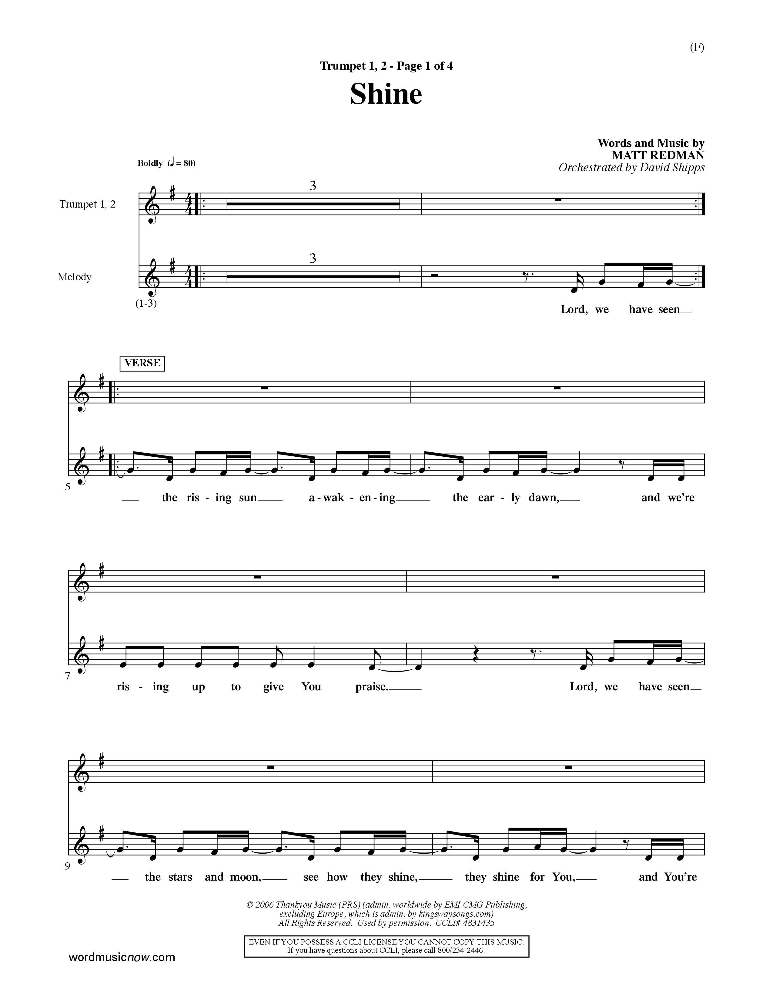 Shine (Choral Anthem SATB) Trumpet 1,2 (Word Music Choral / Orch. David Shipps)