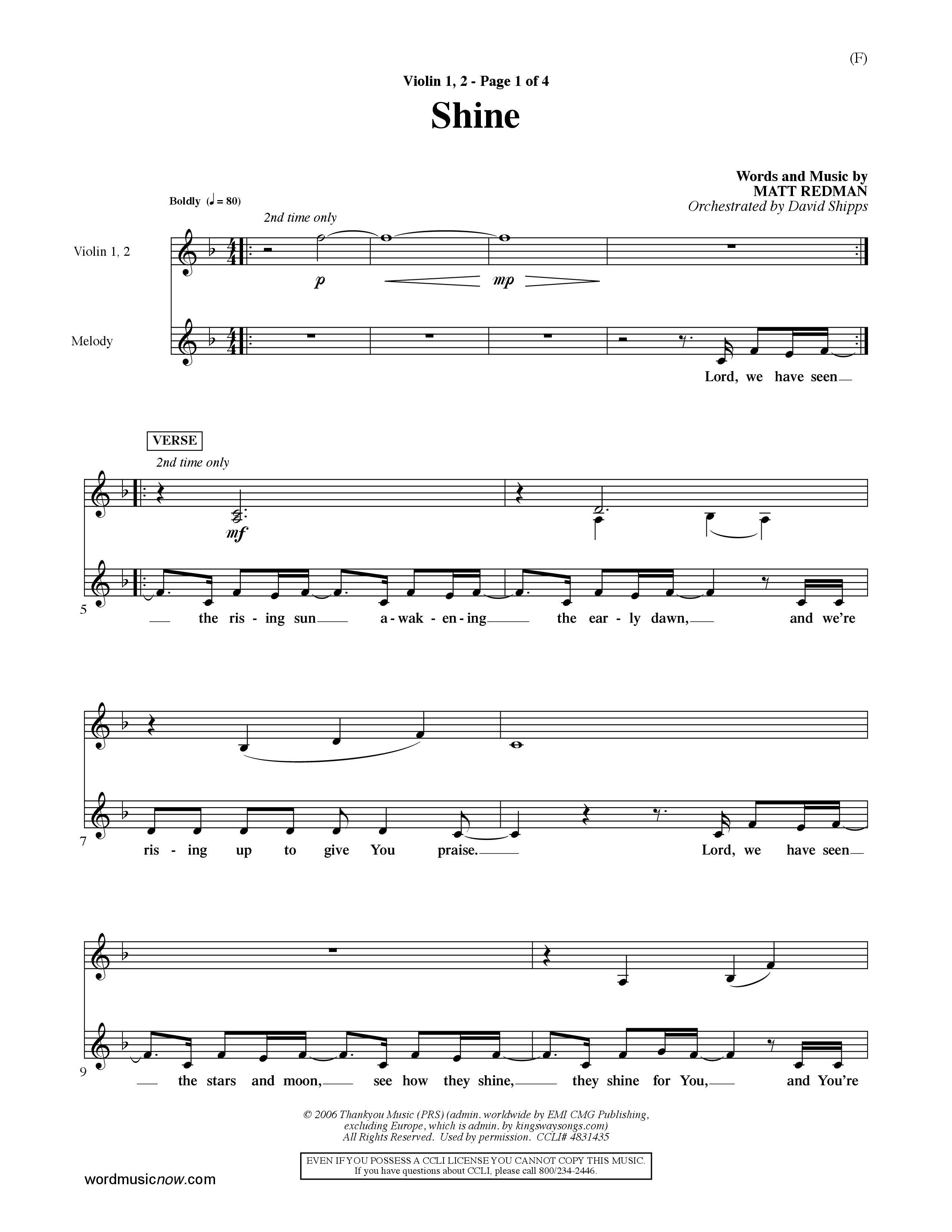 Shine (Choral Anthem SATB) Violin 1/2 (Word Music Choral / Orch. David Shipps)
