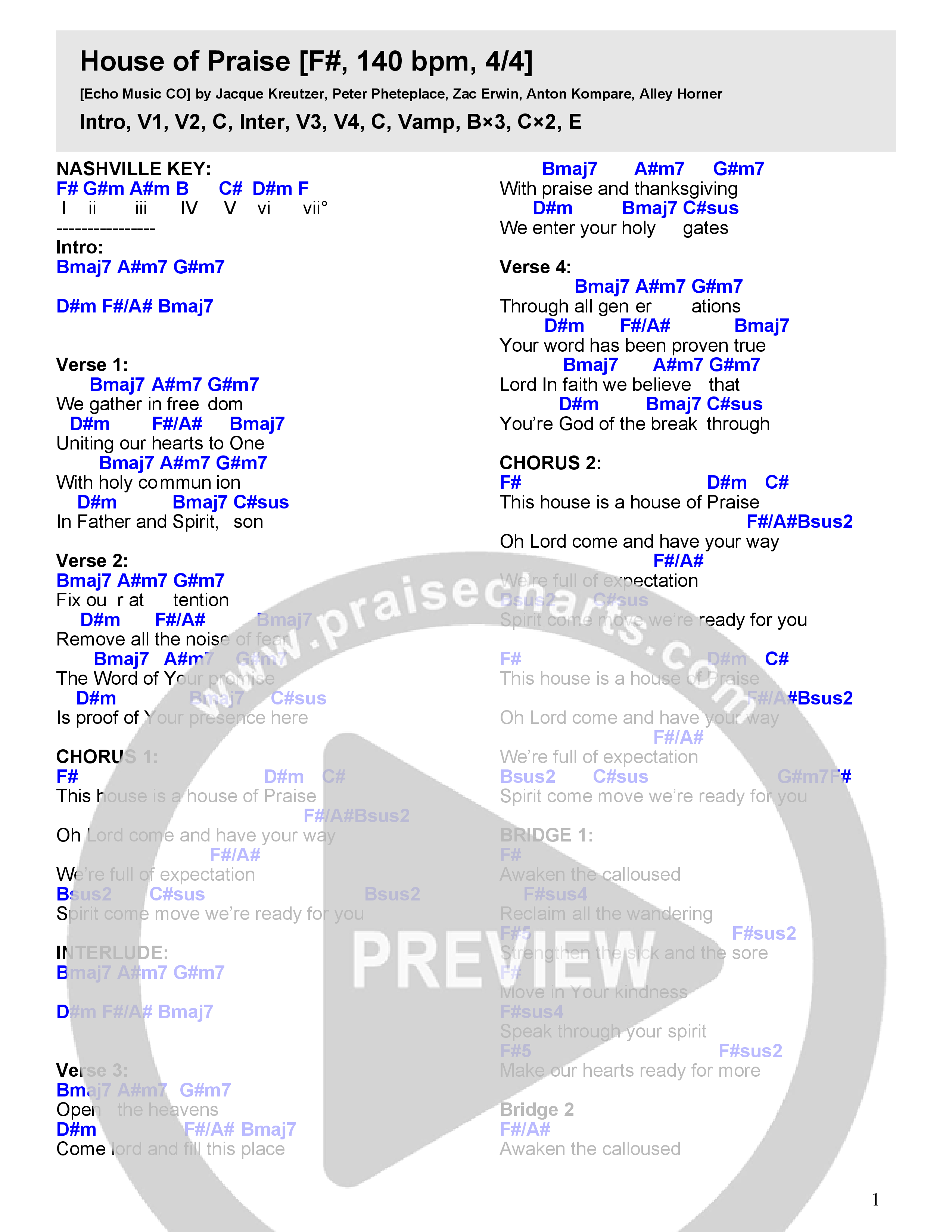 House Of Praise Chord Chart (Echo Music CO)
