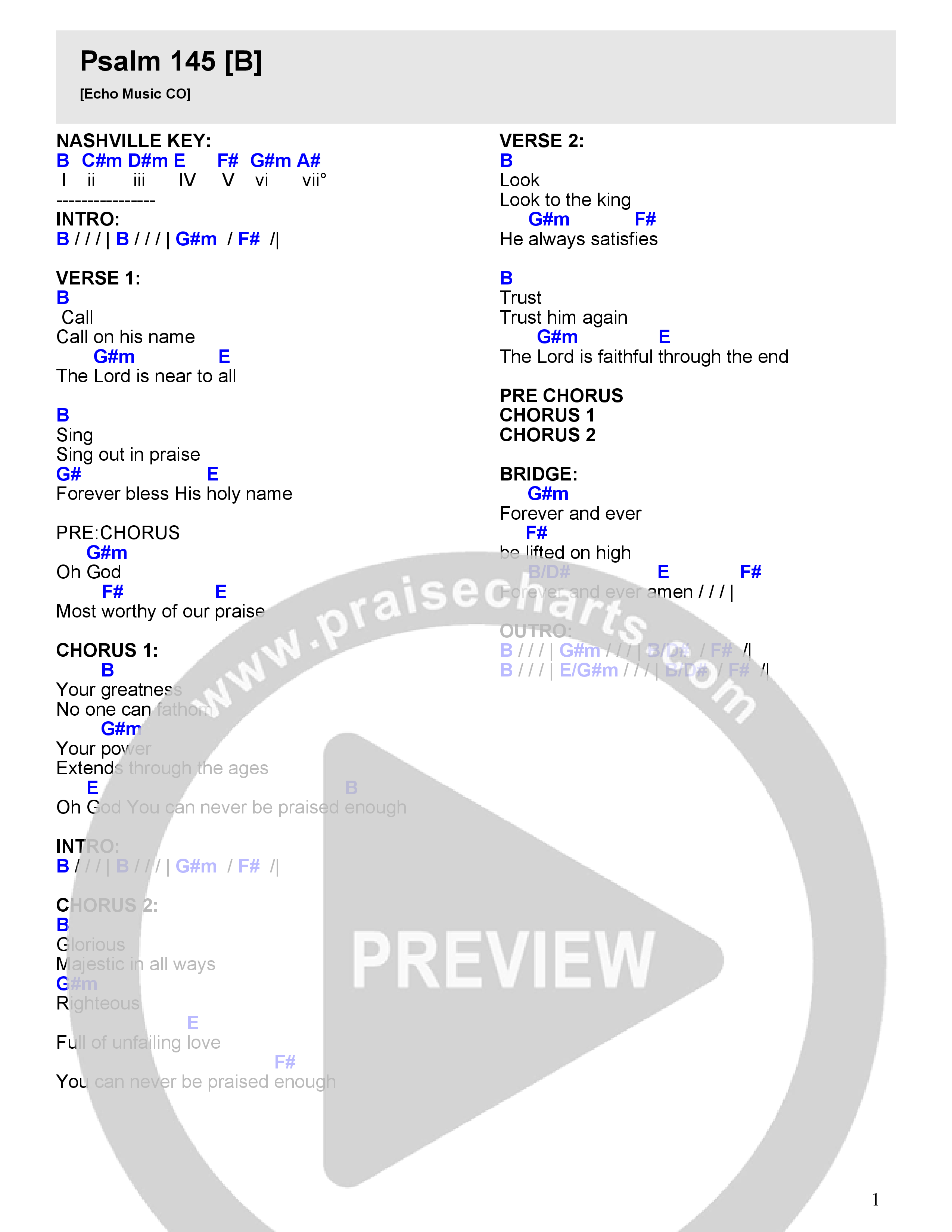Psalm 145 (Never Be Praised Enough) Chord Chart (Echo Music CO)