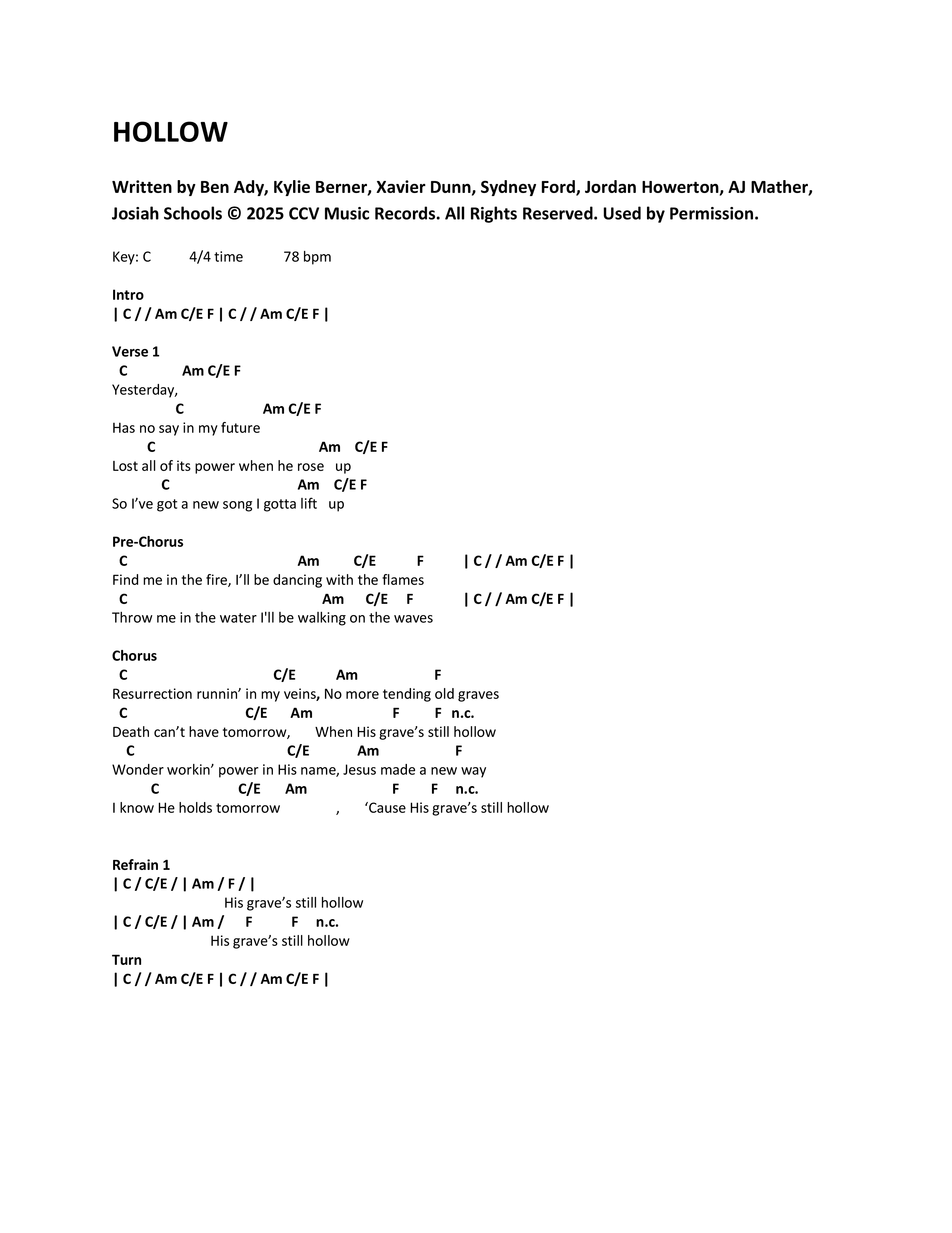 Hollow (Acoustic) Chord Chart (CCV Music)