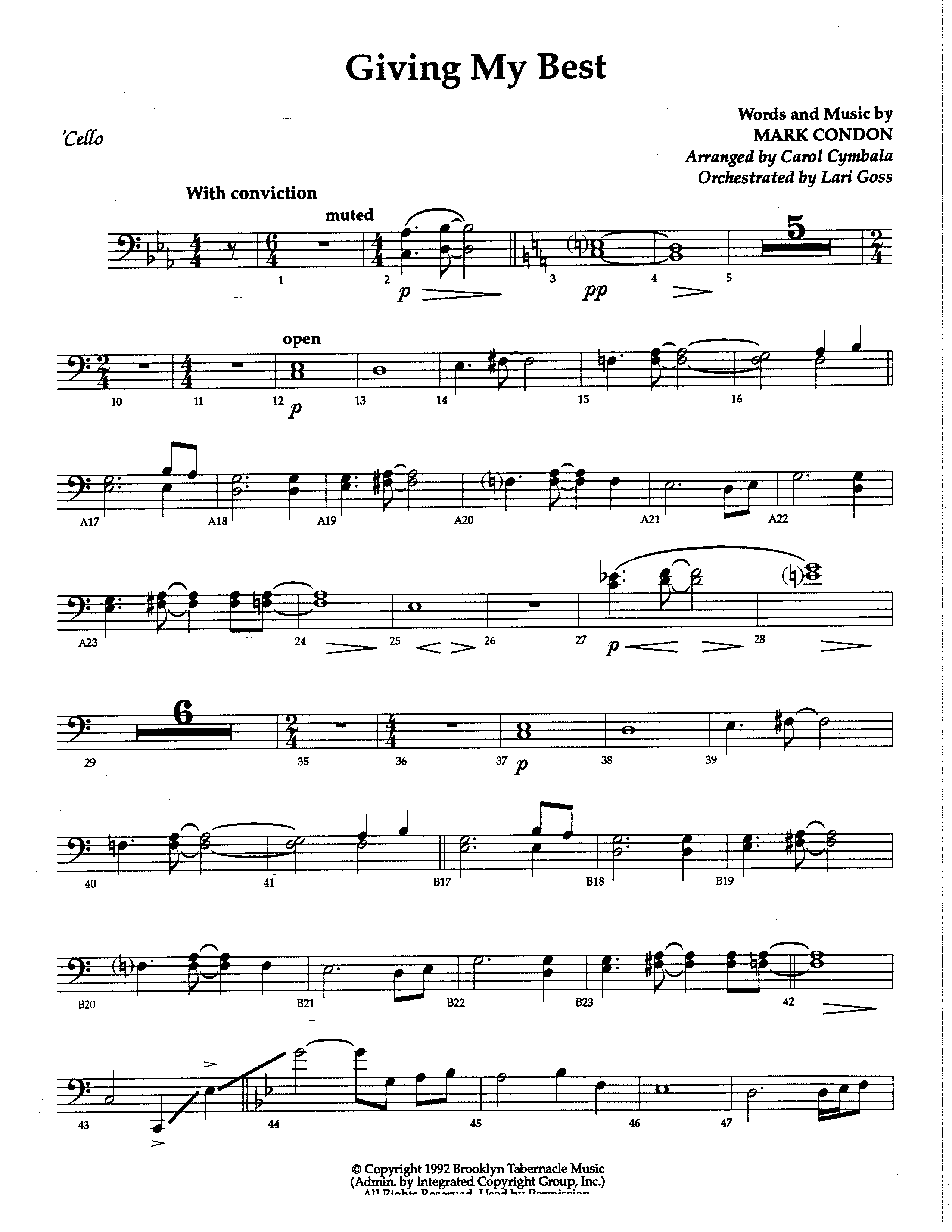 Giving My Best (Choral Anthem SATB) Cello (The Brooklyn Tabernacle Choir / Arr. Carol Cymbala / Orch. Lari Goss)