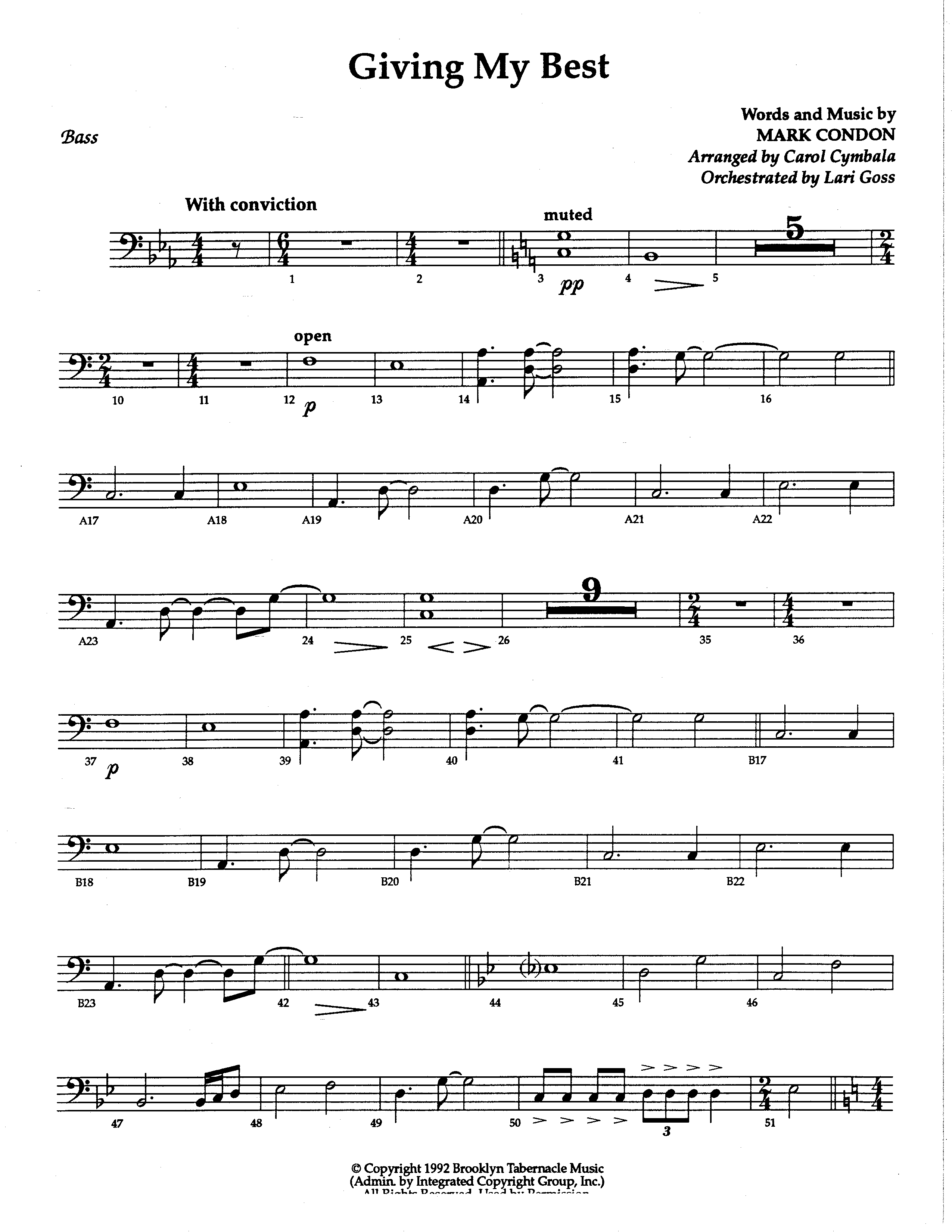 Giving My Best (Choral Anthem SATB) Double Bass (The Brooklyn Tabernacle Choir / Arr. Carol Cymbala / Orch. Lari Goss)