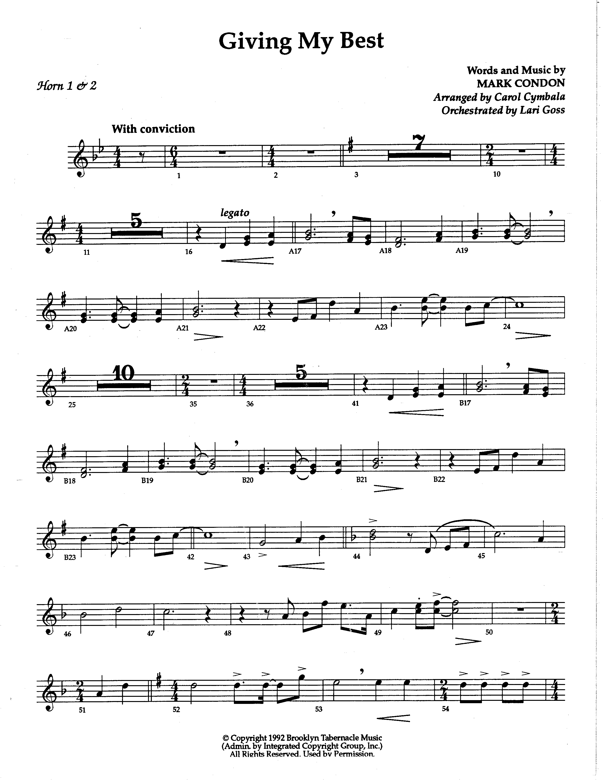 Giving My Best (Choral Anthem SATB) French Horn (The Brooklyn Tabernacle Choir / Arr. Carol Cymbala / Orch. Lari Goss)