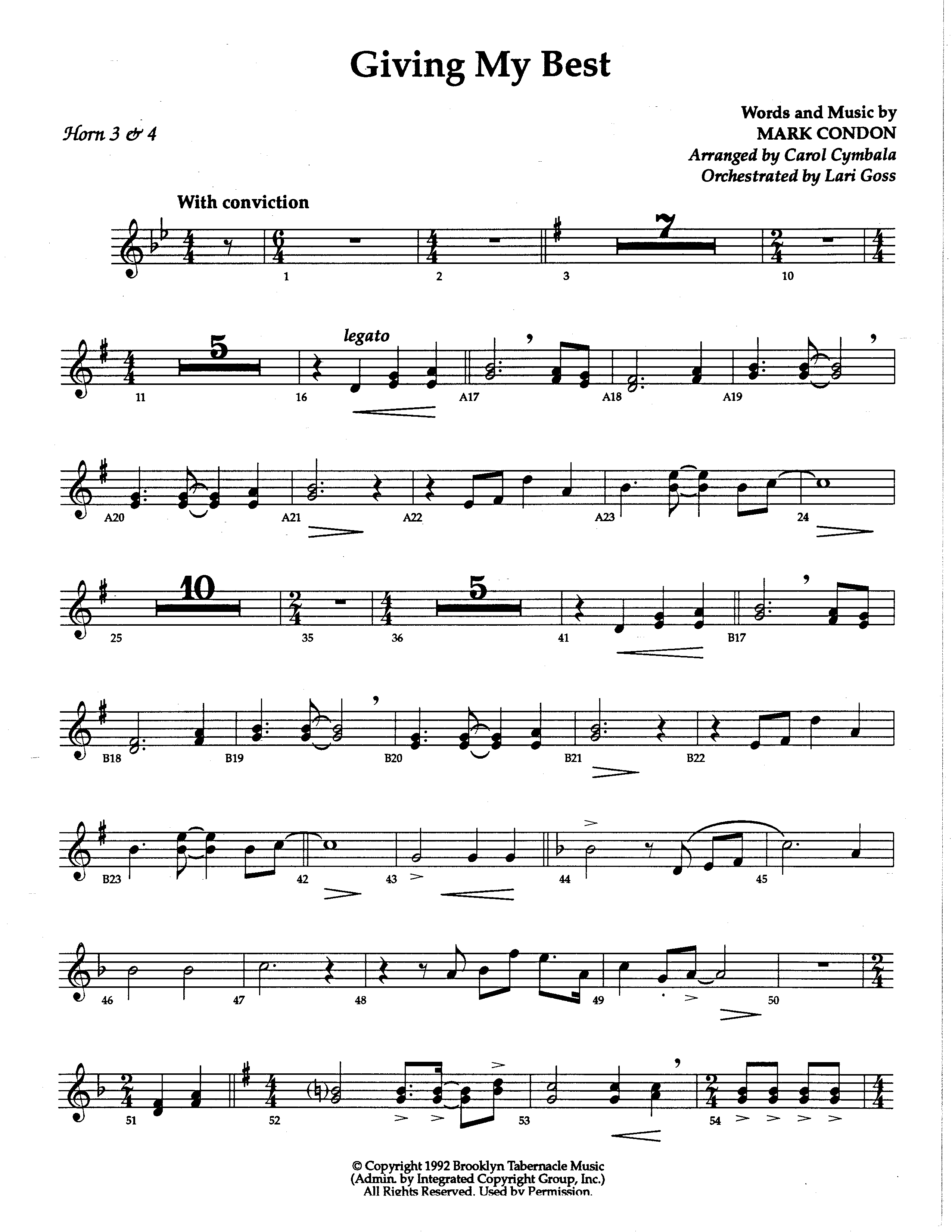 Giving My Best (Choral Anthem SATB) French Horn (The Brooklyn Tabernacle Choir / Arr. Carol Cymbala / Orch. Lari Goss)