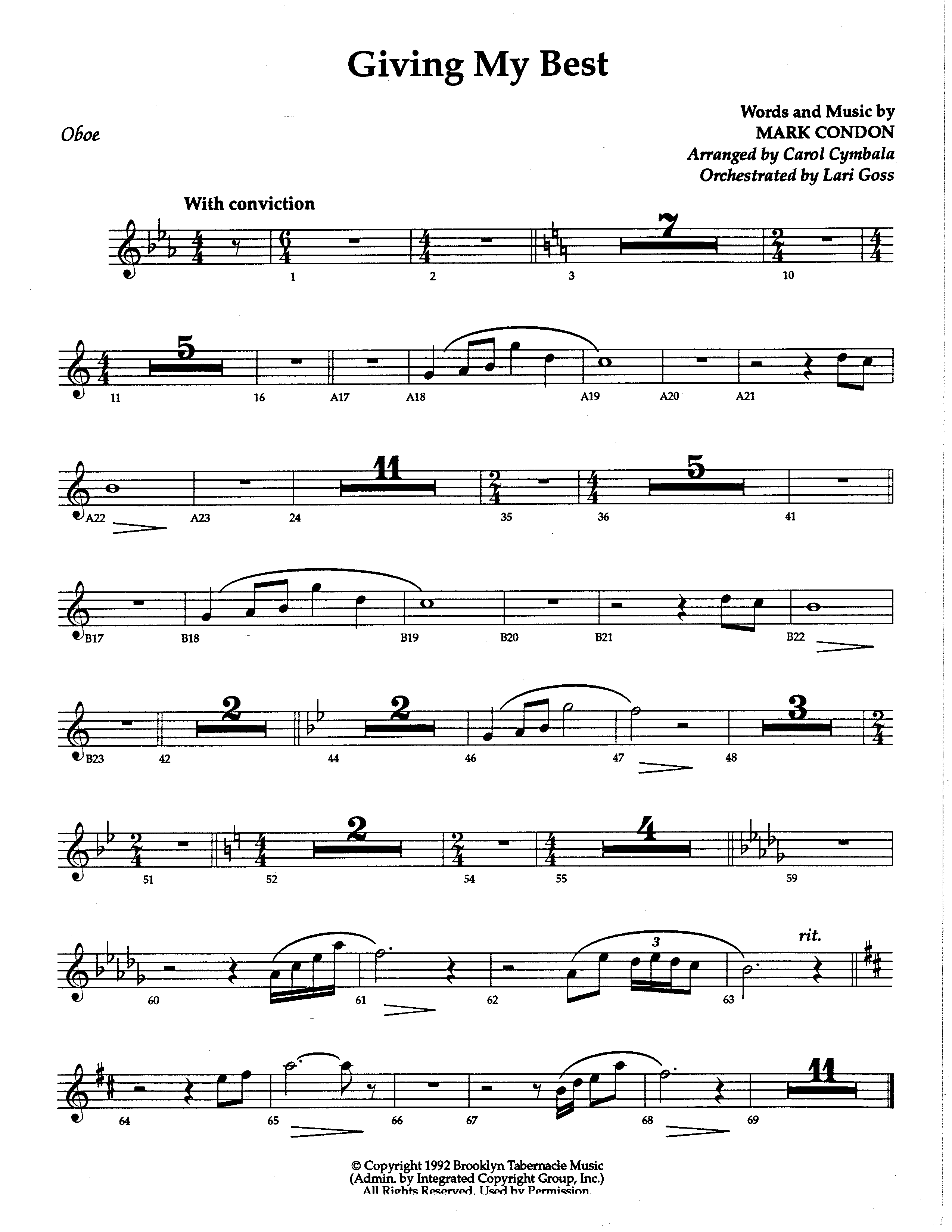 Giving My Best (Choral Anthem SATB) Oboe (The Brooklyn Tabernacle Choir / Arr. Carol Cymbala / Orch. Lari Goss)