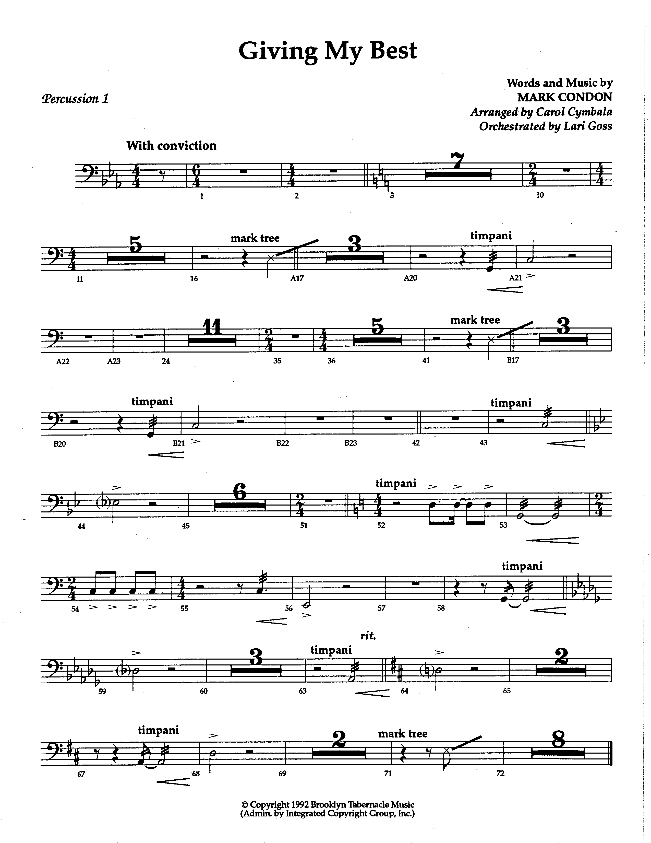 Giving My Best (Choral Anthem SATB) Percussion 1/2 (The Brooklyn Tabernacle Choir / Arr. Carol Cymbala / Orch. Lari Goss)