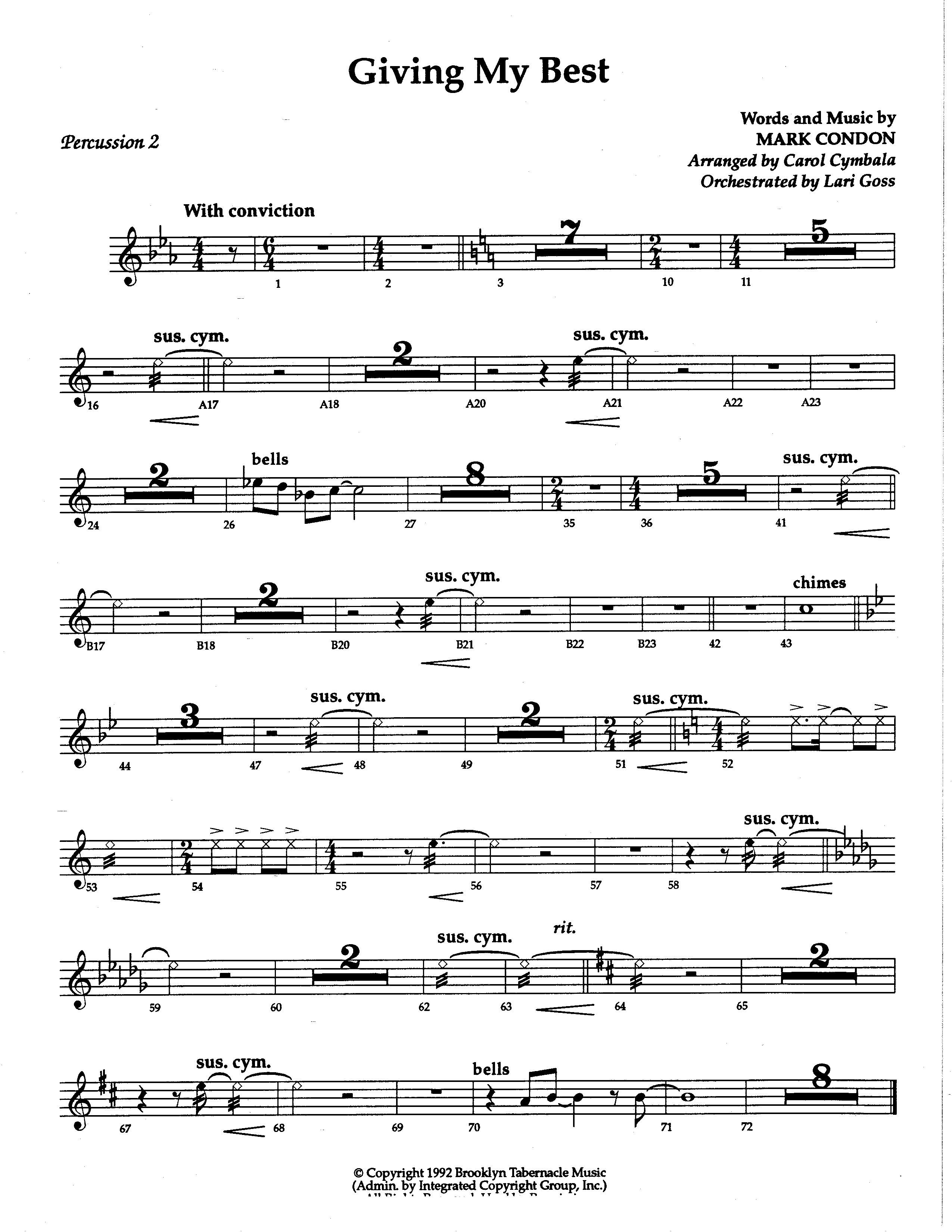 Giving My Best (Choral Anthem SATB) Percussion 1/2 (The Brooklyn Tabernacle Choir / Arr. Carol Cymbala / Orch. Lari Goss)