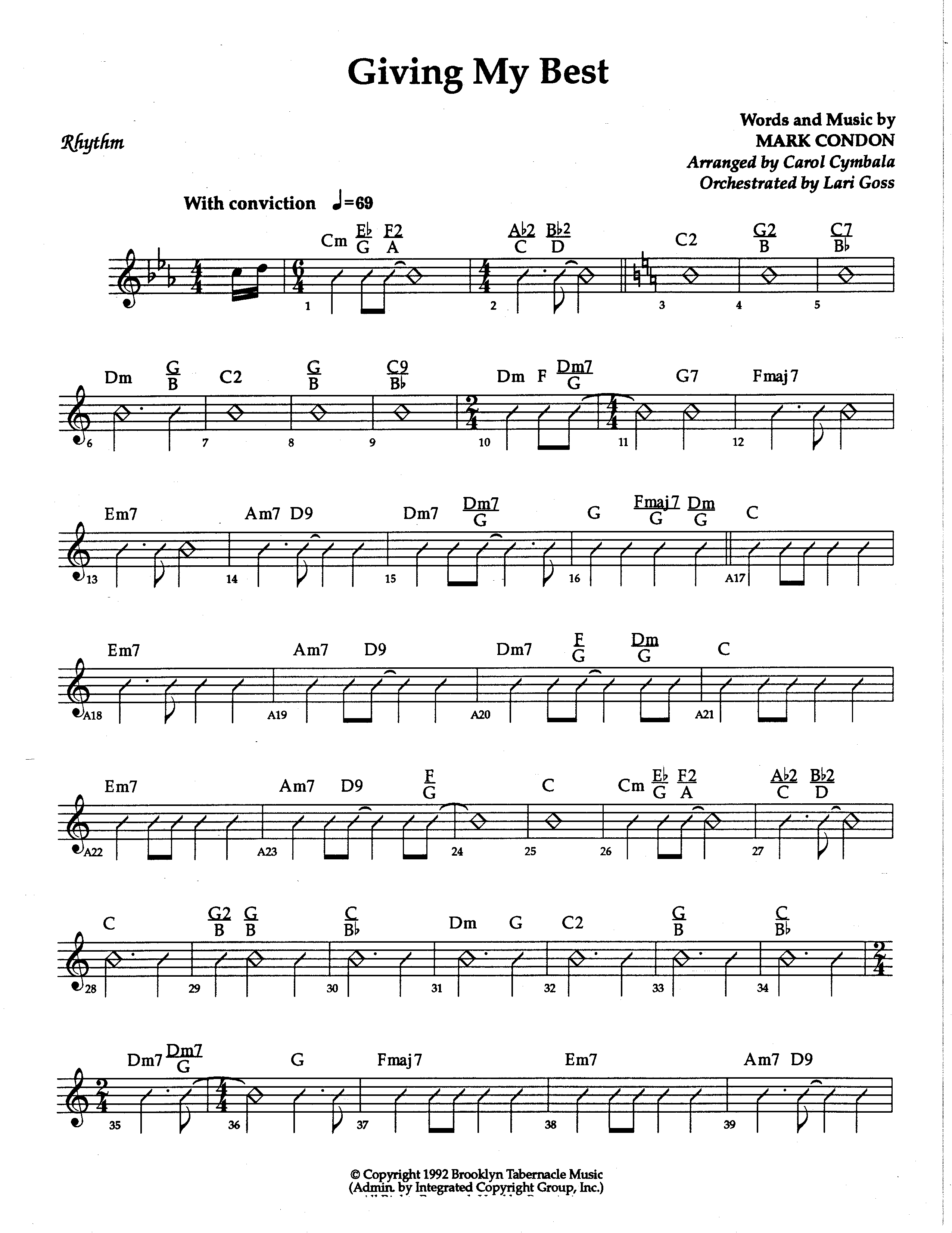 Giving My Best (Choral Anthem SATB) Rhythm Chart (The Brooklyn Tabernacle Choir / Arr. Carol Cymbala / Orch. Lari Goss)