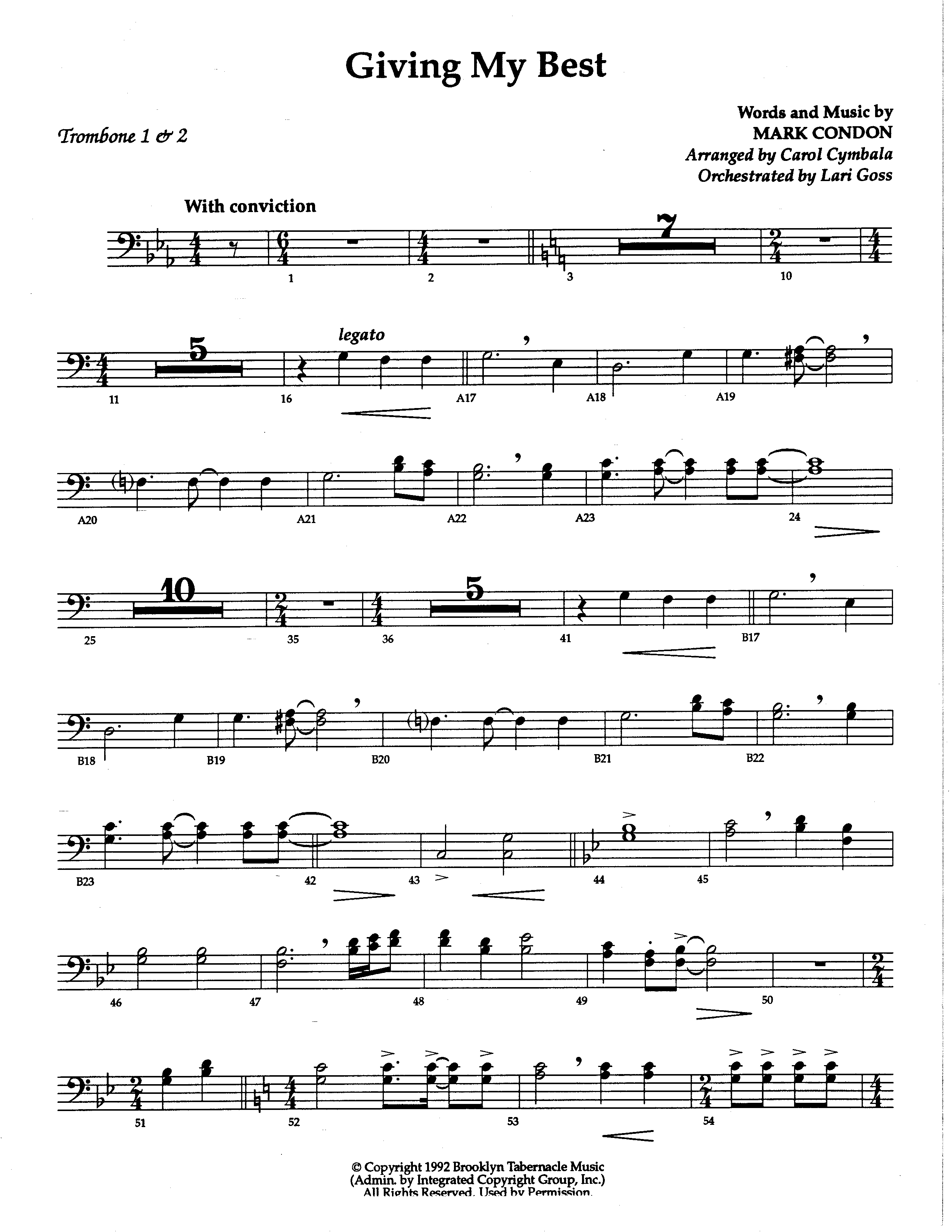 Giving My Best (Choral Anthem SATB) Trombone 1/2 (The Brooklyn Tabernacle Choir / Arr. Carol Cymbala / Orch. Lari Goss)