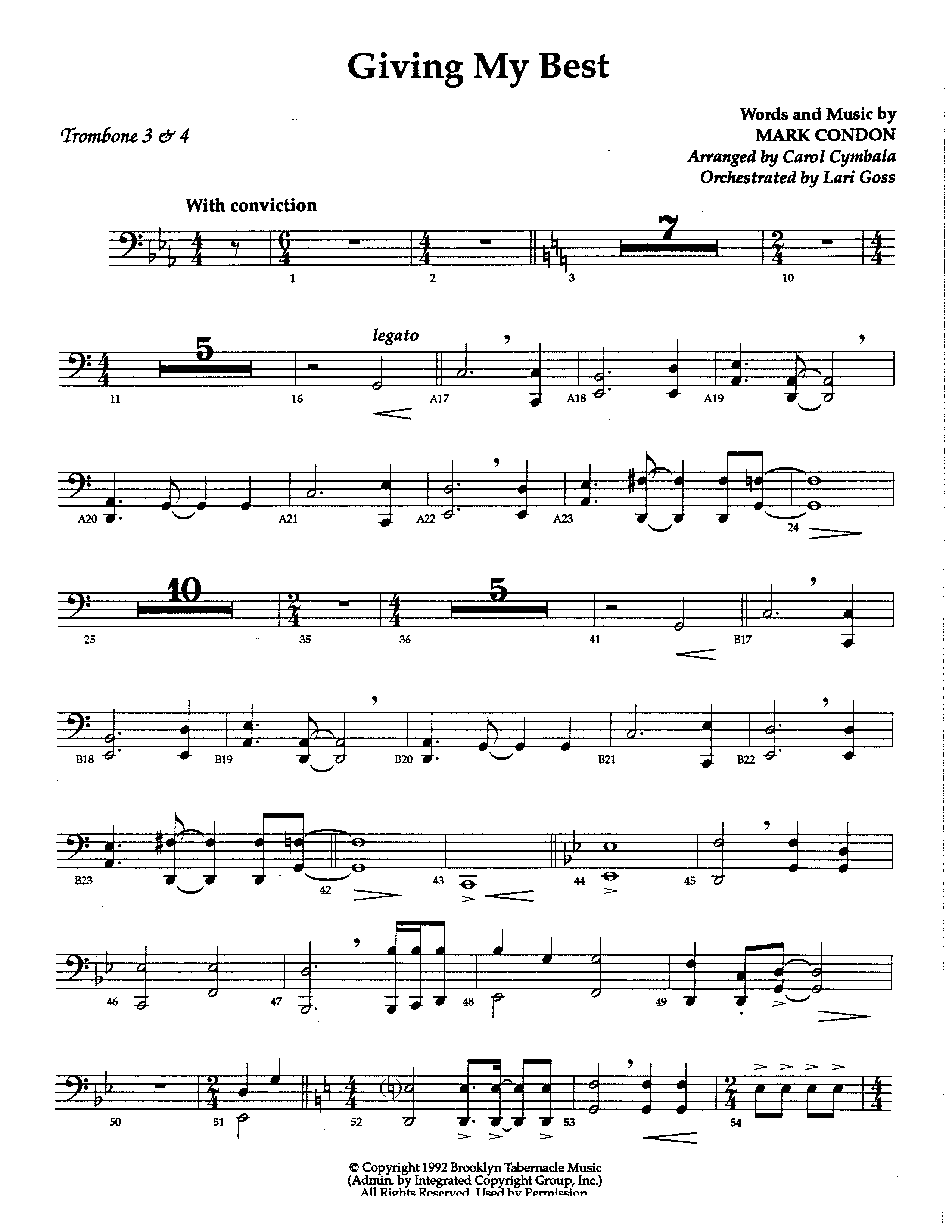 Giving My Best (Choral Anthem SATB) Trombone 3/4 (The Brooklyn Tabernacle Choir / Arr. Carol Cymbala / Orch. Lari Goss)