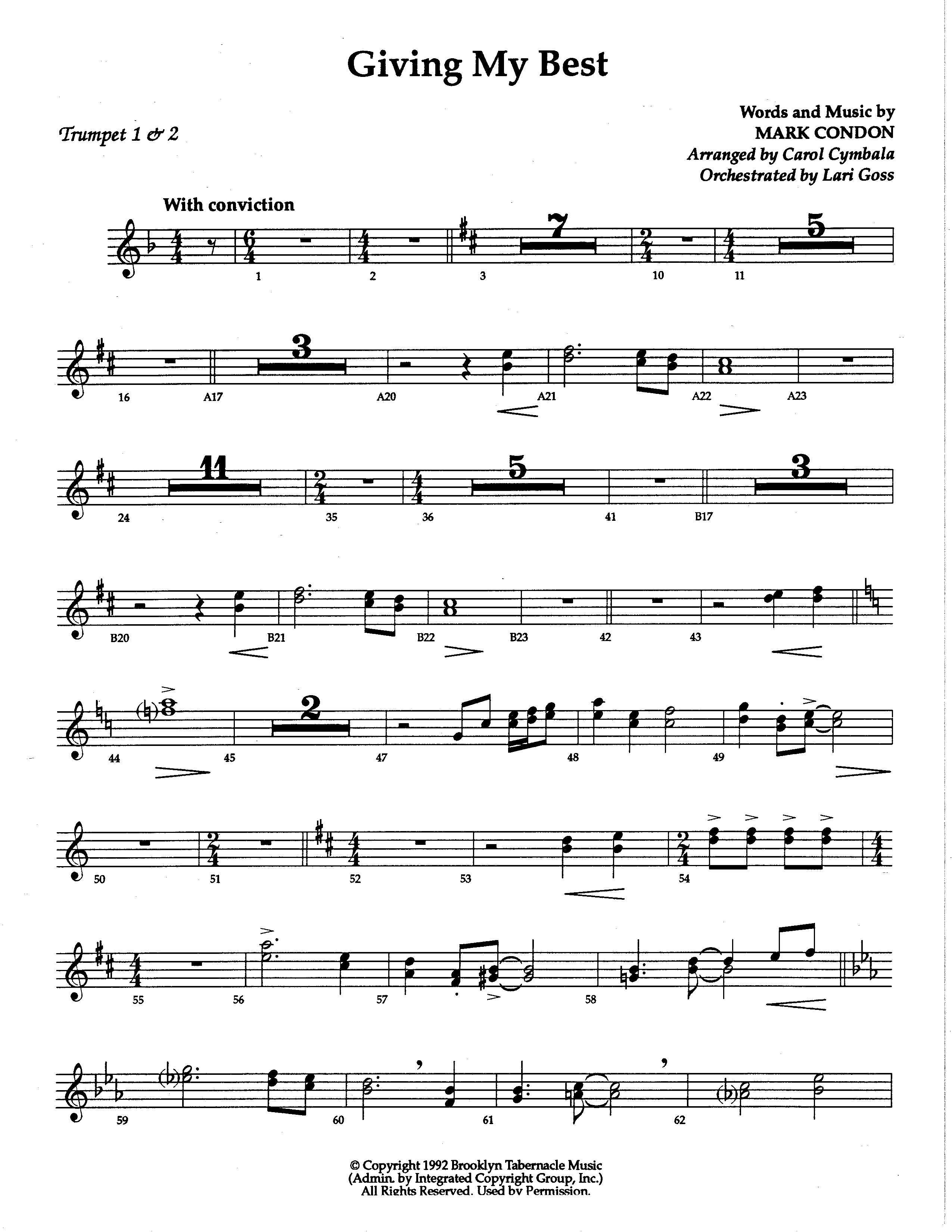 Giving My Best (Choral Anthem SATB) Trumpet 1,2 (The Brooklyn Tabernacle Choir / Arr. Carol Cymbala / Orch. Lari Goss)