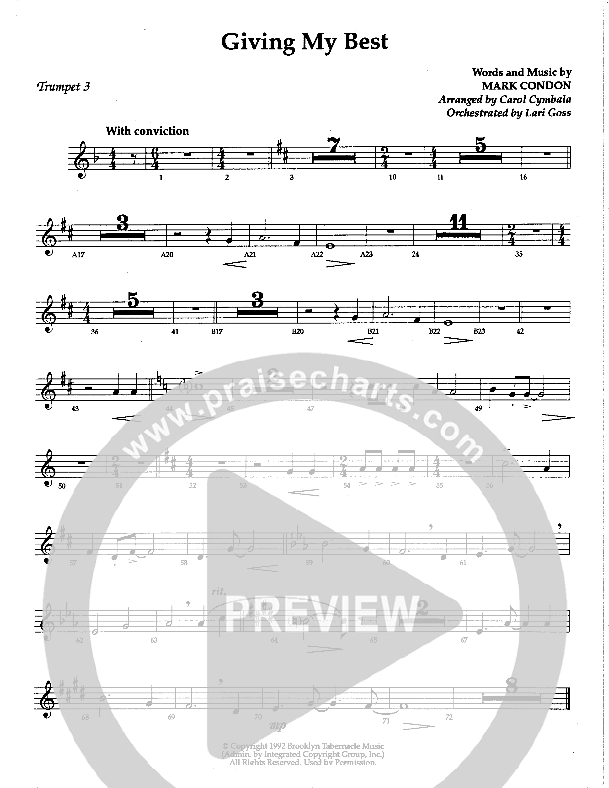 Giving My Best (Choral Anthem SATB) Trumpet 3 (The Brooklyn Tabernacle Choir / Arr. Carol Cymbala / Orch. Lari Goss)