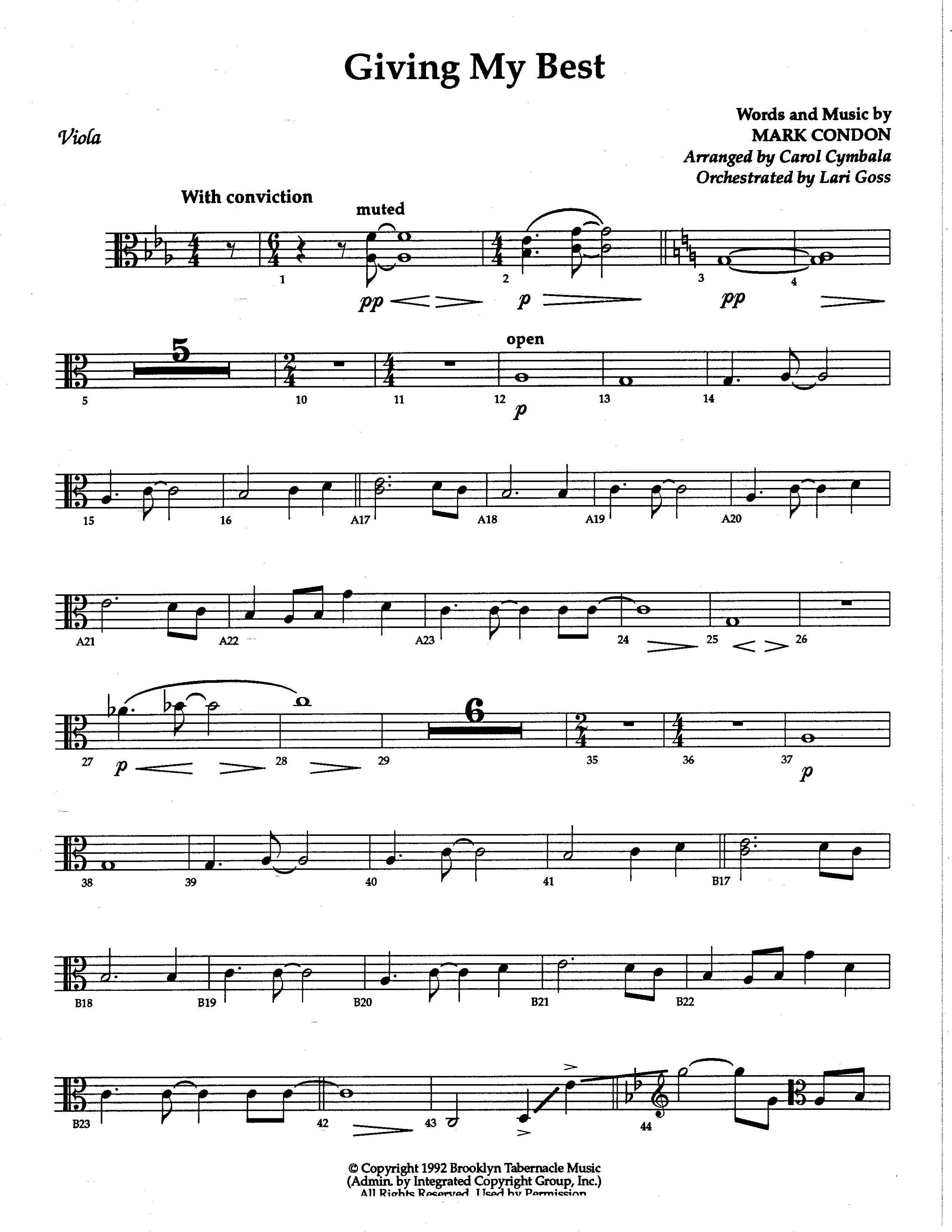 Giving My Best (Choral Anthem SATB) Viola (The Brooklyn Tabernacle Choir / Arr. Carol Cymbala / Orch. Lari Goss)