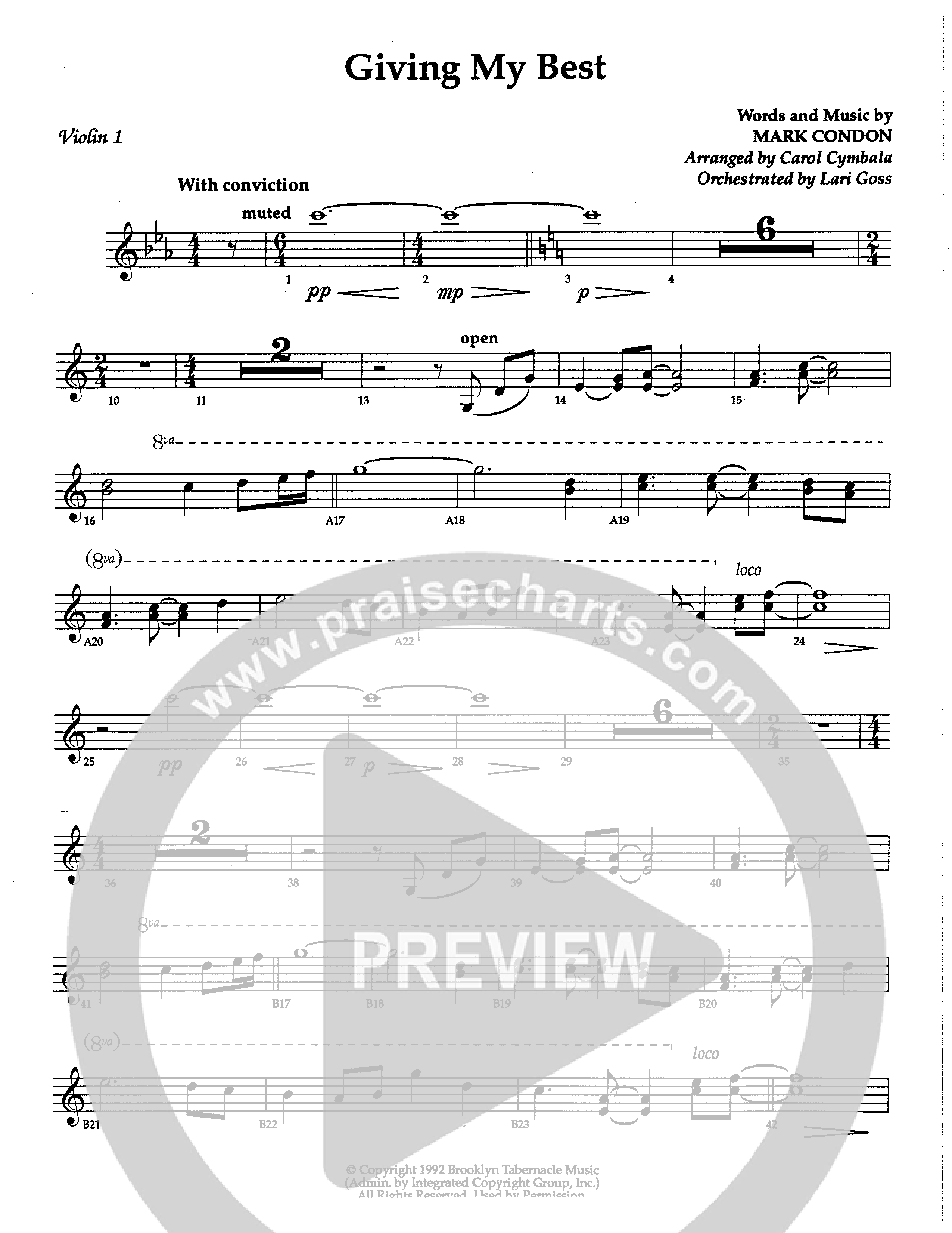 Giving My Best (Choral Anthem SATB) Violin 1 (The Brooklyn Tabernacle Choir / Arr. Carol Cymbala / Orch. Lari Goss)