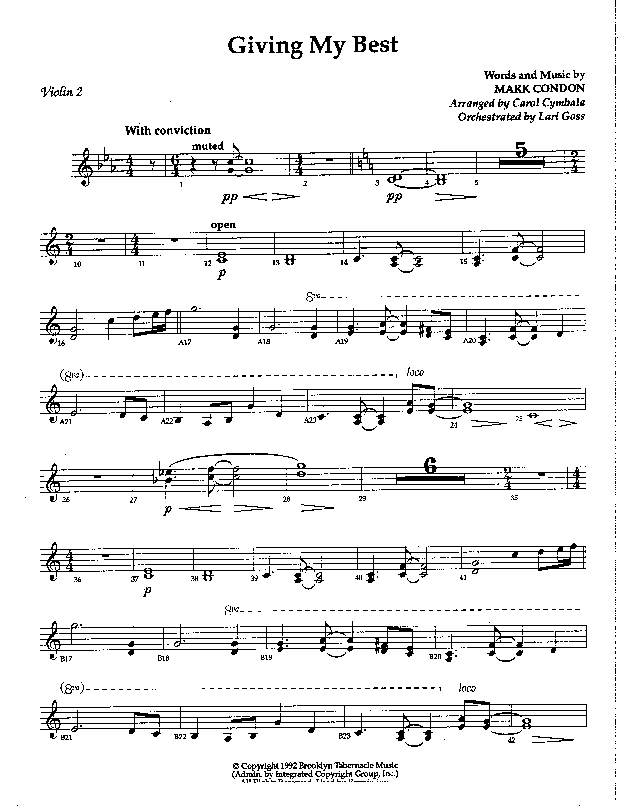 Giving My Best (Choral Anthem SATB) Violin 2 (The Brooklyn Tabernacle Choir / Arr. Carol Cymbala / Orch. Lari Goss)