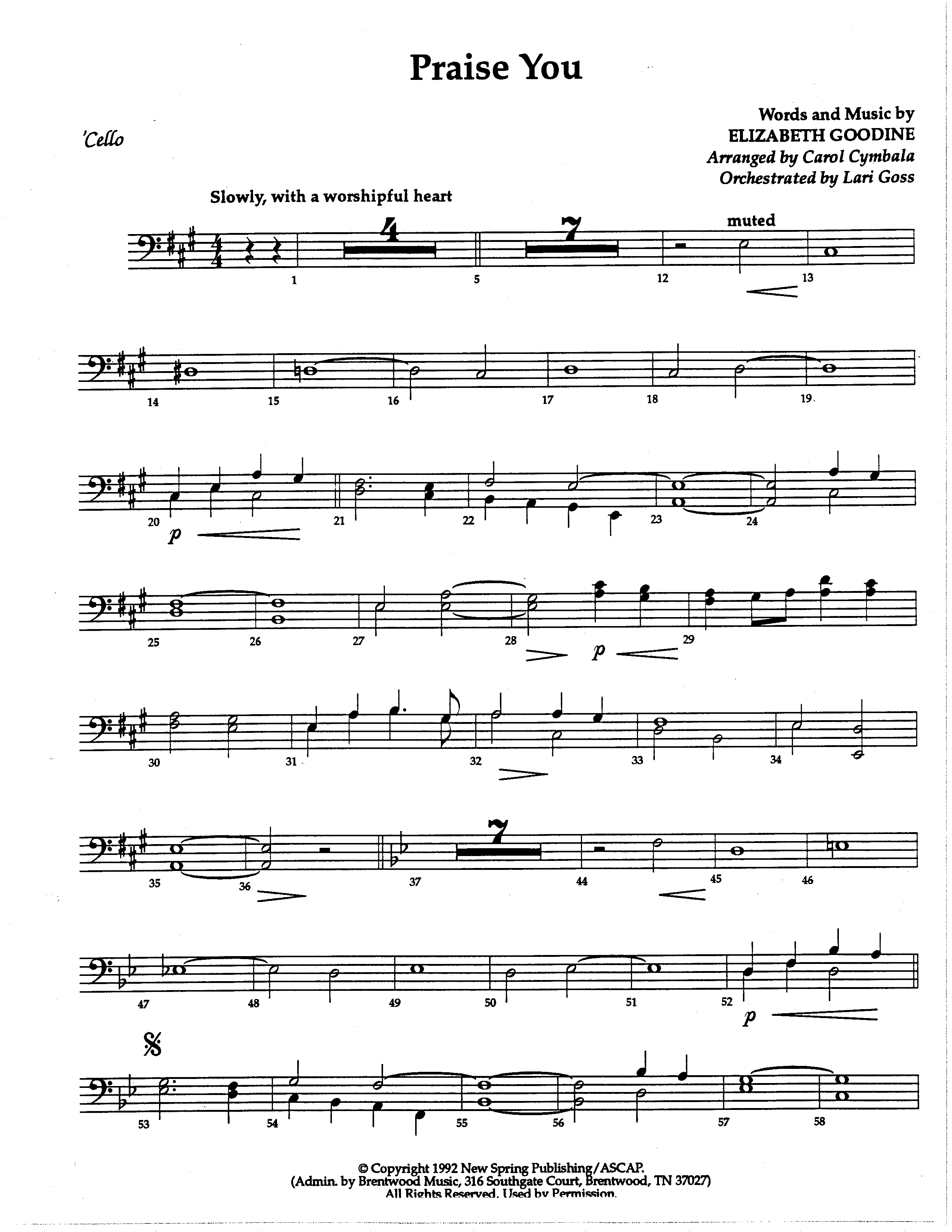 Praise You (Choral Anthem SATB) Cello (The Brooklyn Tabernacle Choir / Arr. Carol Cymbala / Orch. Lari Goss)