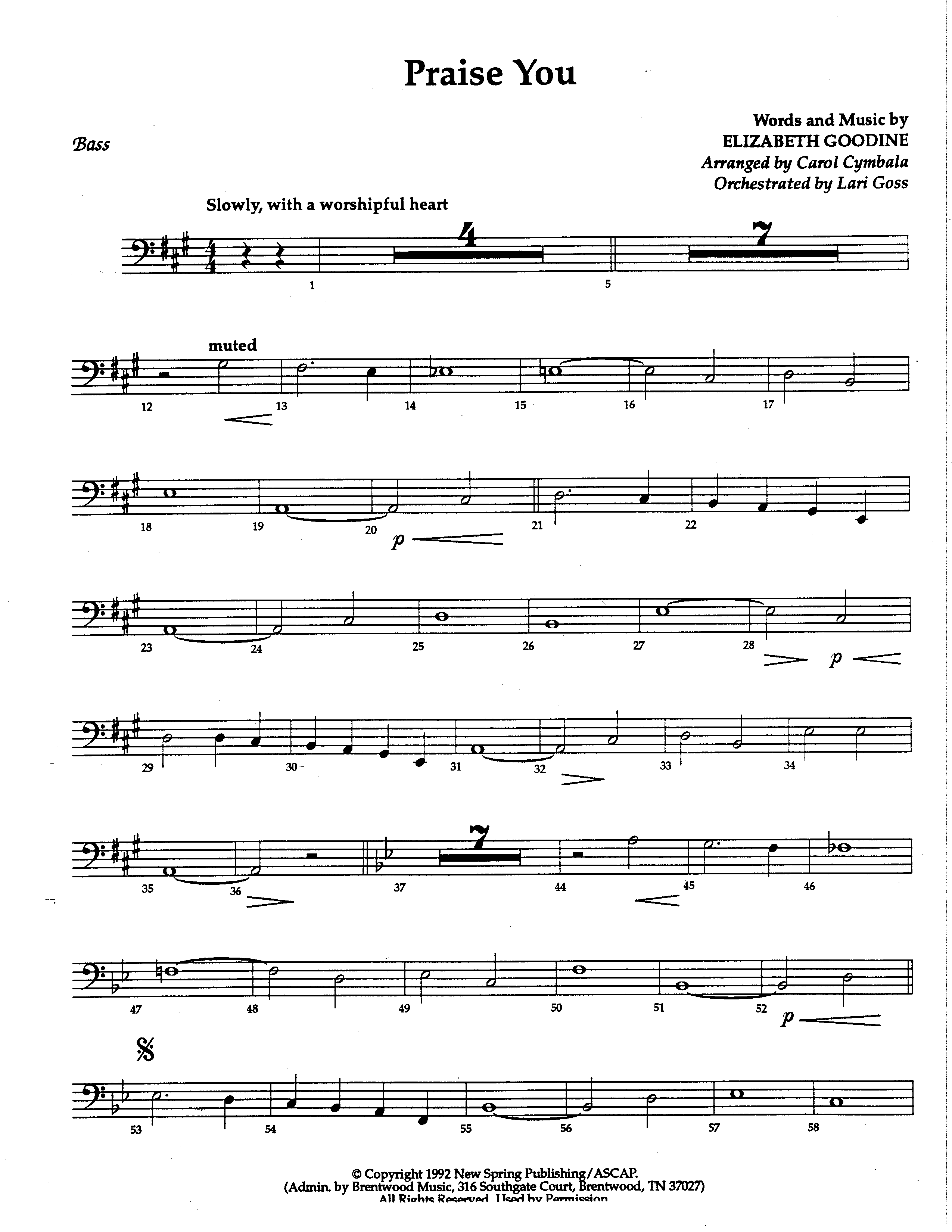 Praise You (Choral Anthem SATB) Double Bass (The Brooklyn Tabernacle Choir / Arr. Carol Cymbala / Orch. Lari Goss)