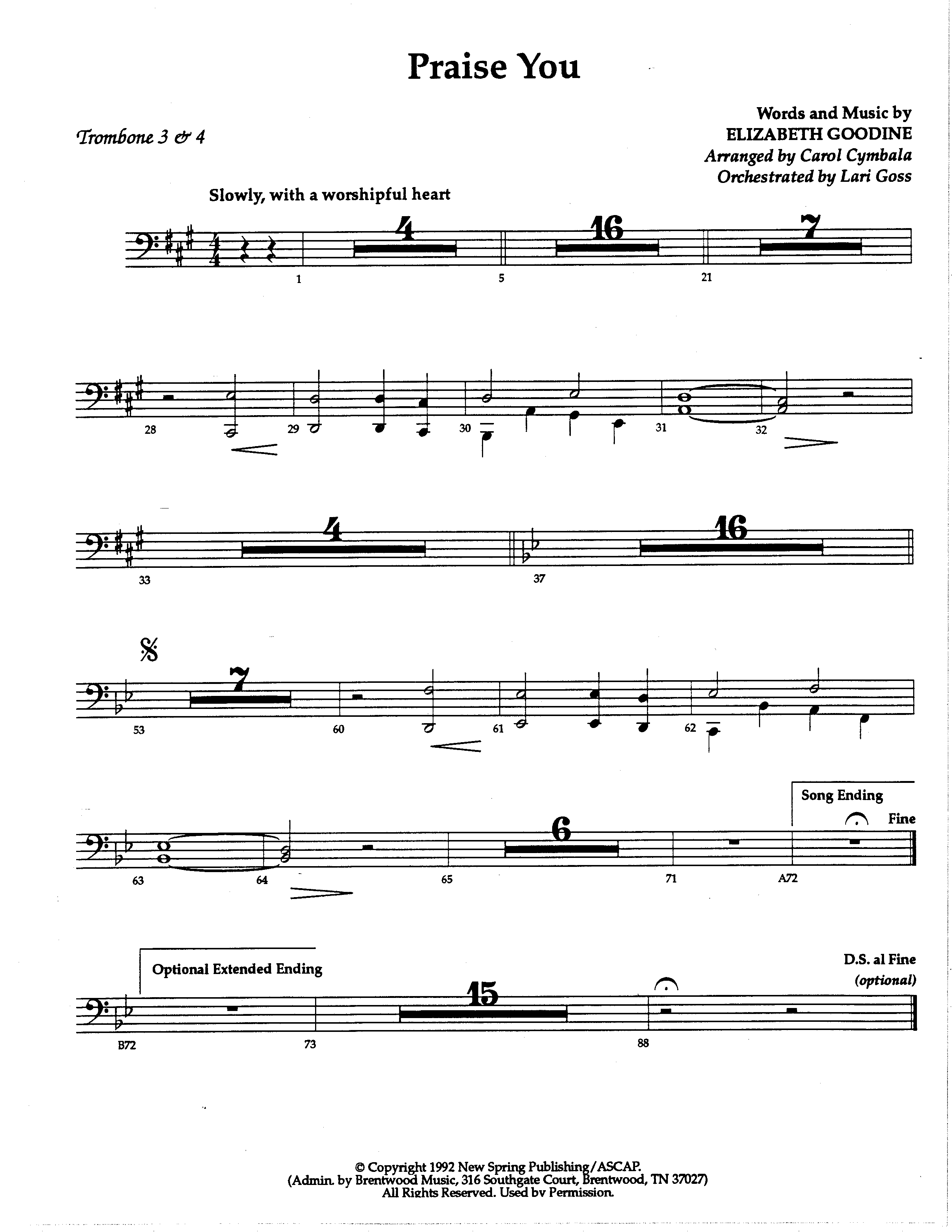 Praise You (Choral Anthem SATB) Trombone 3/4 (The Brooklyn Tabernacle Choir / Arr. Carol Cymbala / Orch. Lari Goss)