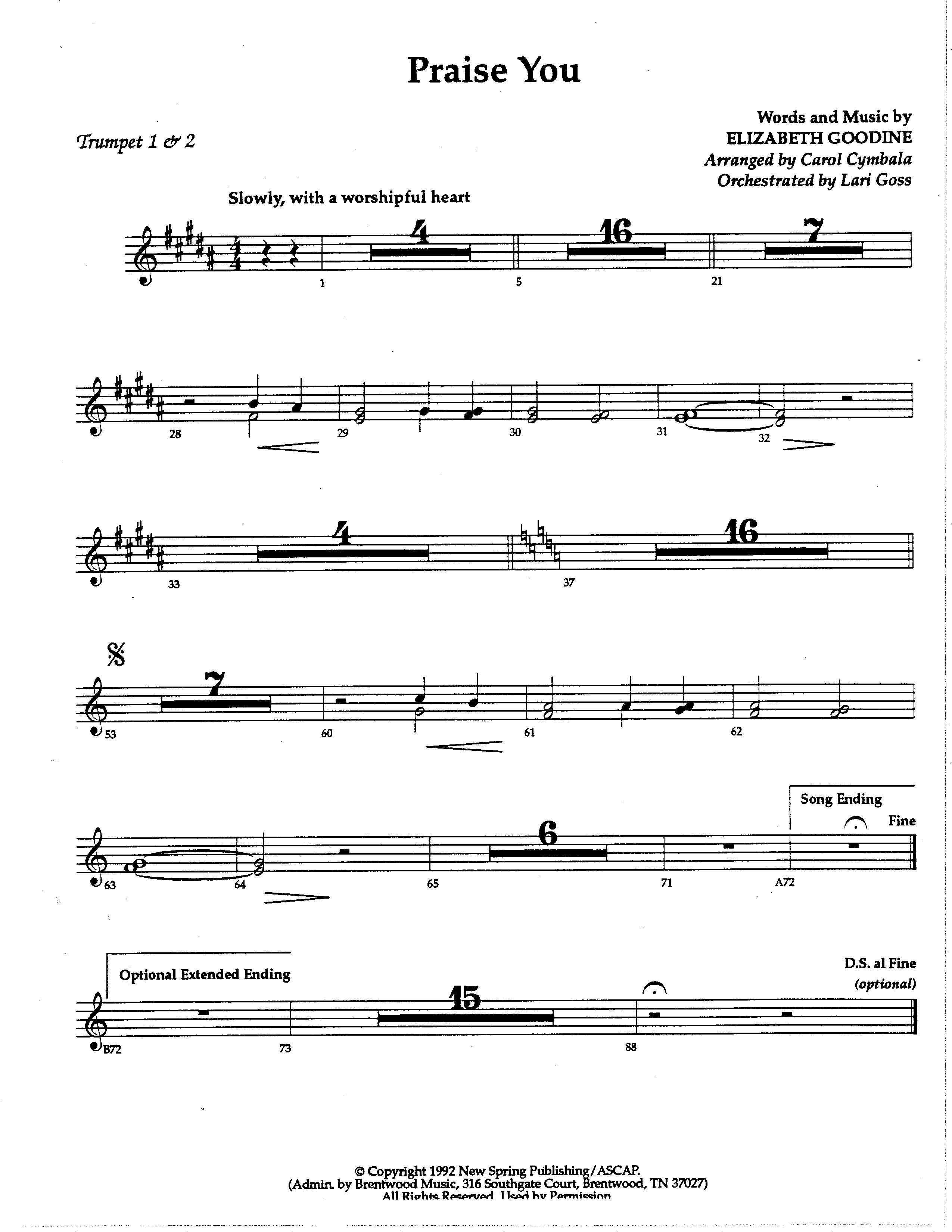 Praise You (Choral Anthem SATB) Trumpet 1,2 (The Brooklyn Tabernacle Choir / Arr. Carol Cymbala / Orch. Lari Goss)