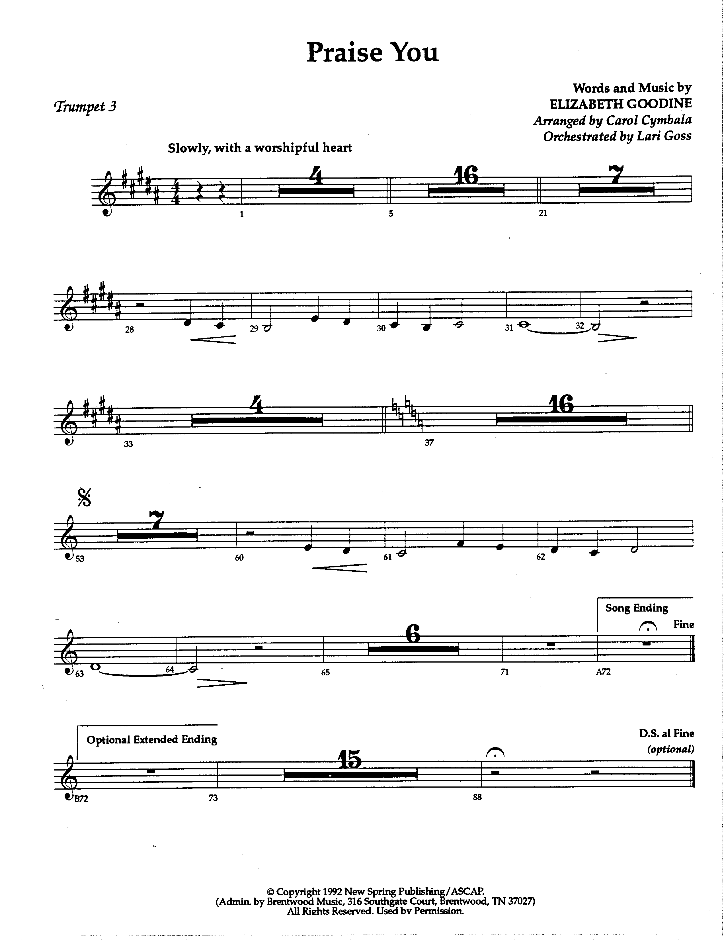 Praise You (Choral Anthem SATB) Trumpet 3 (The Brooklyn Tabernacle Choir / Arr. Carol Cymbala / Orch. Lari Goss)