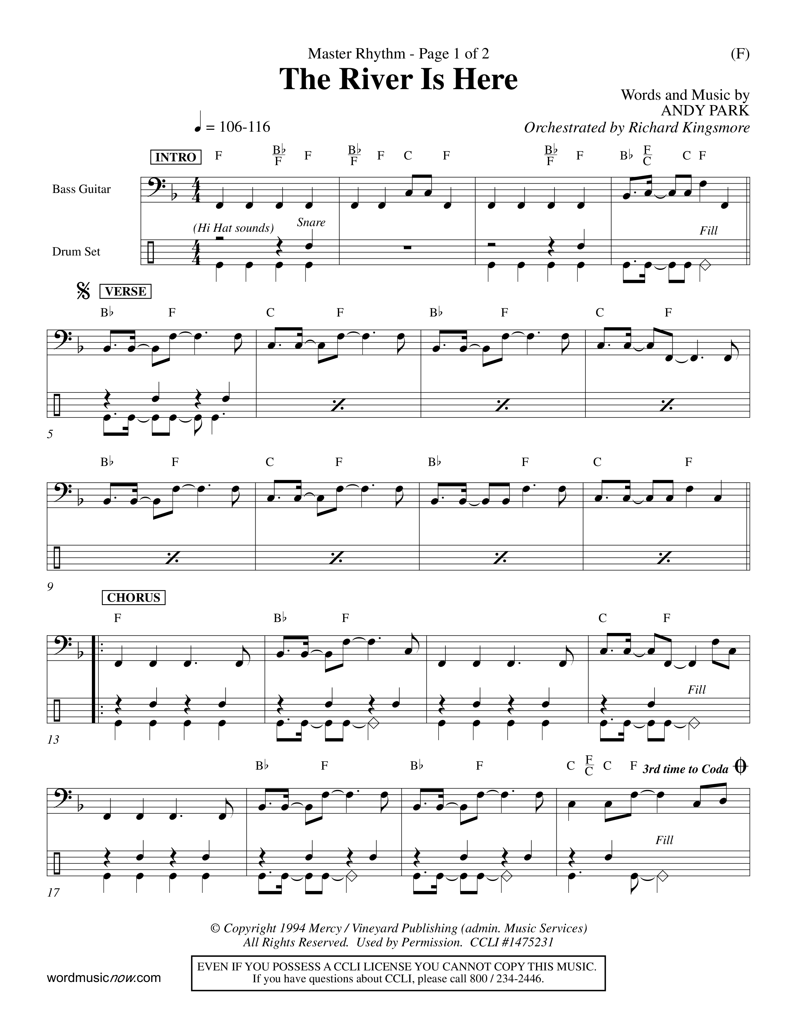 The River Is Here (Choral Anthem SATB) Rhythm Chart (Word Music Choral / Orch. Richard Kingsmore)