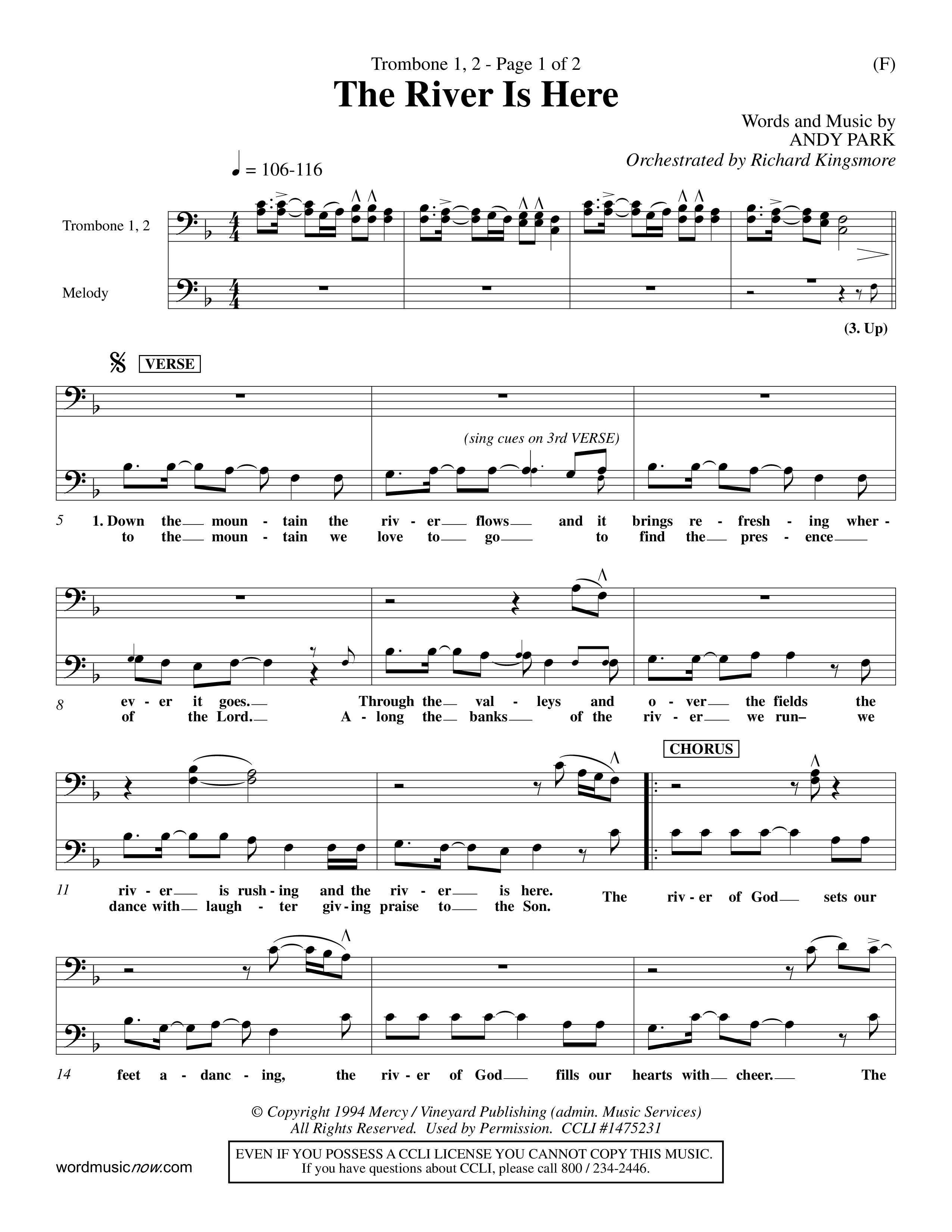 The River Is Here (Choral Anthem SATB) Trombone 1/2 (Word Music Choral / Orch. Richard Kingsmore)