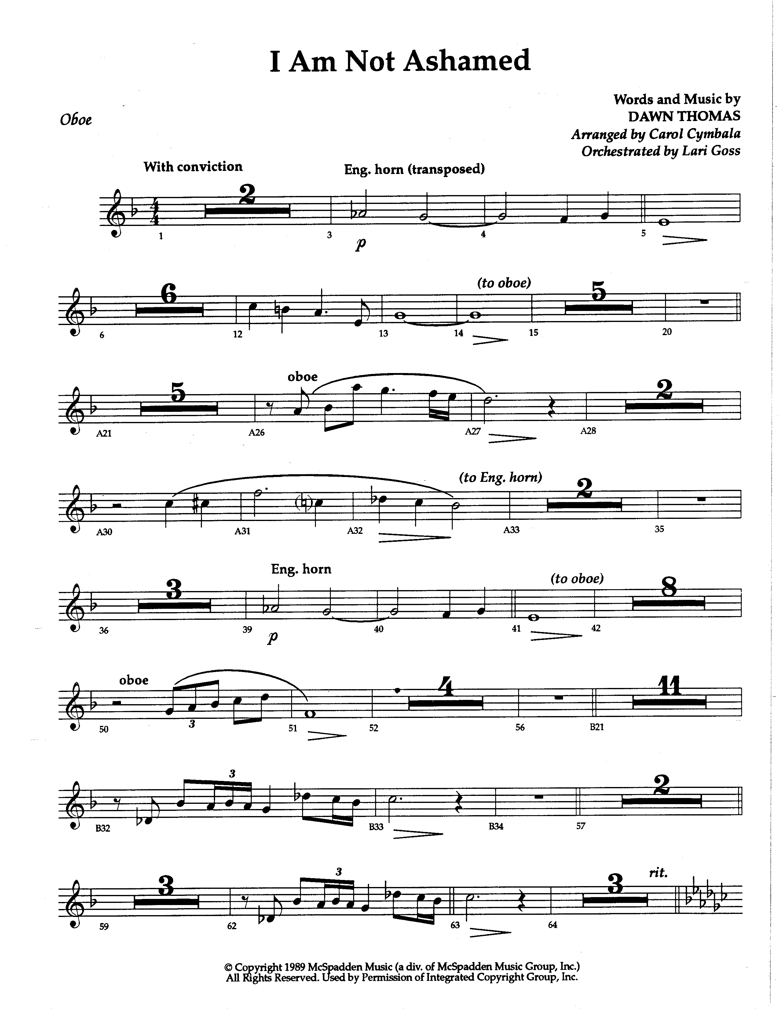 I Am Not Ashamed (Choral Anthem SATB) Oboe (The Brooklyn Tabernacle Choir / Arr. Carol Cymbala / Orch. Lari Goss)