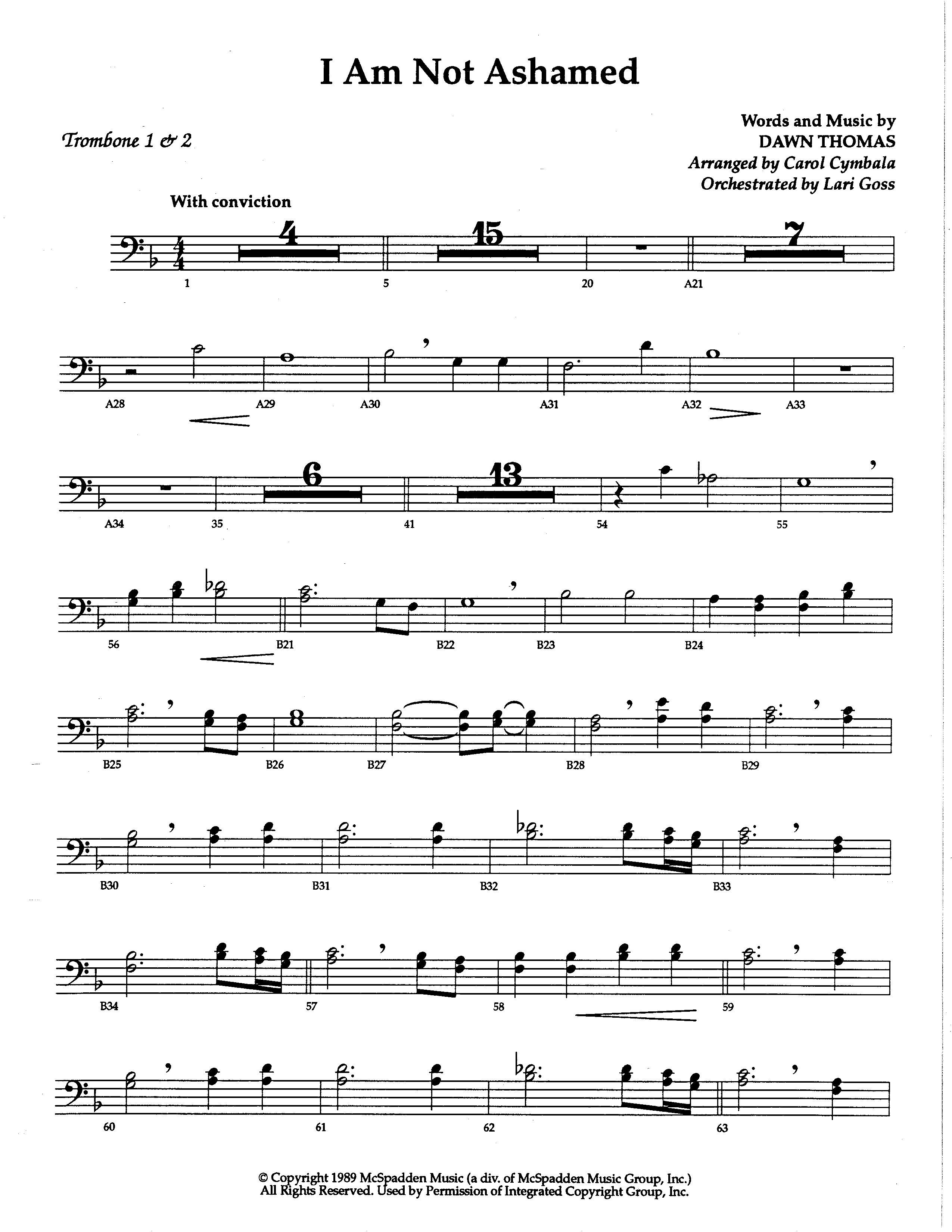 I Am Not Ashamed (Choral Anthem SATB) Trombone 1/2 (The Brooklyn Tabernacle Choir / Arr. Carol Cymbala / Orch. Lari Goss)
