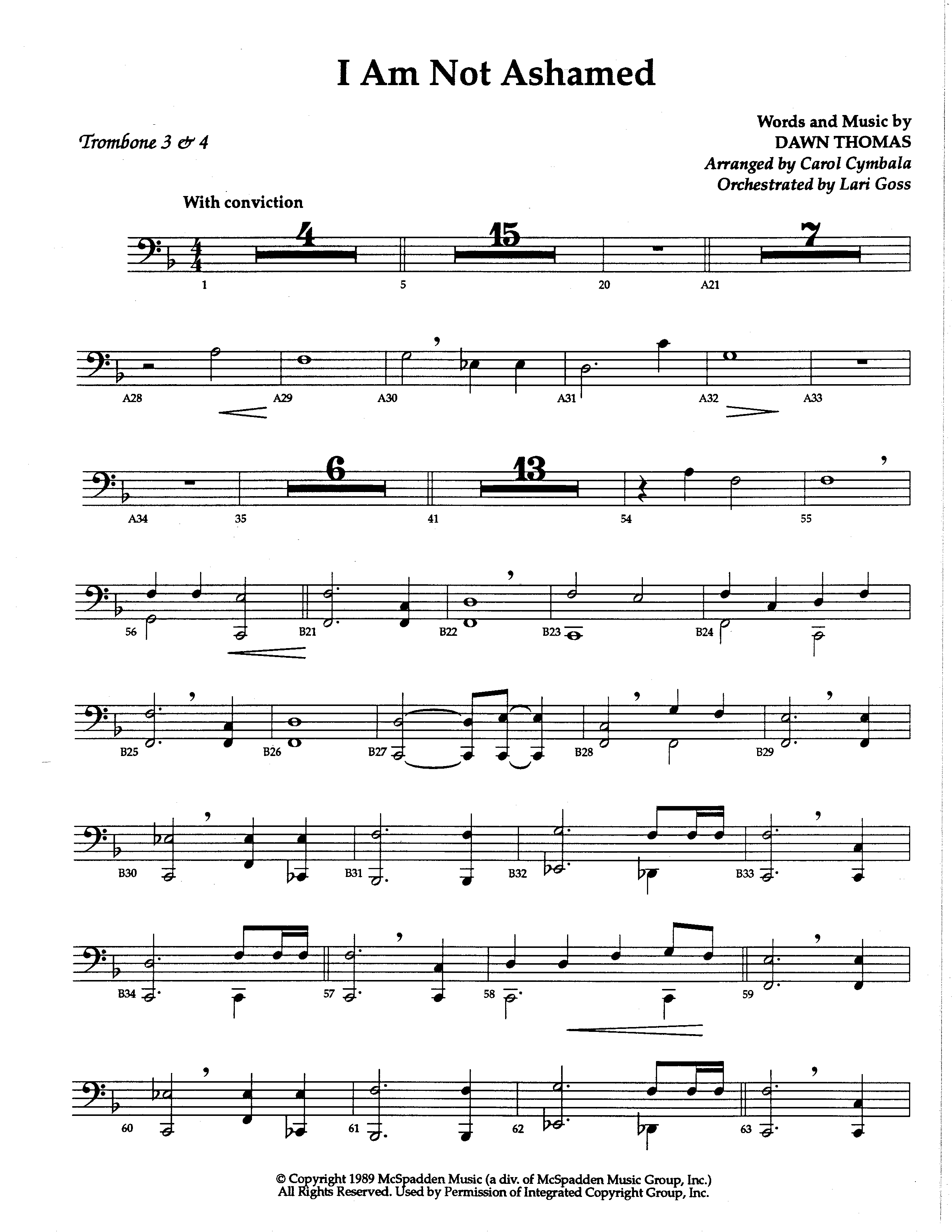 I Am Not Ashamed (Choral Anthem SATB) Trombone 3/4 (The Brooklyn Tabernacle Choir / Arr. Carol Cymbala / Orch. Lari Goss)