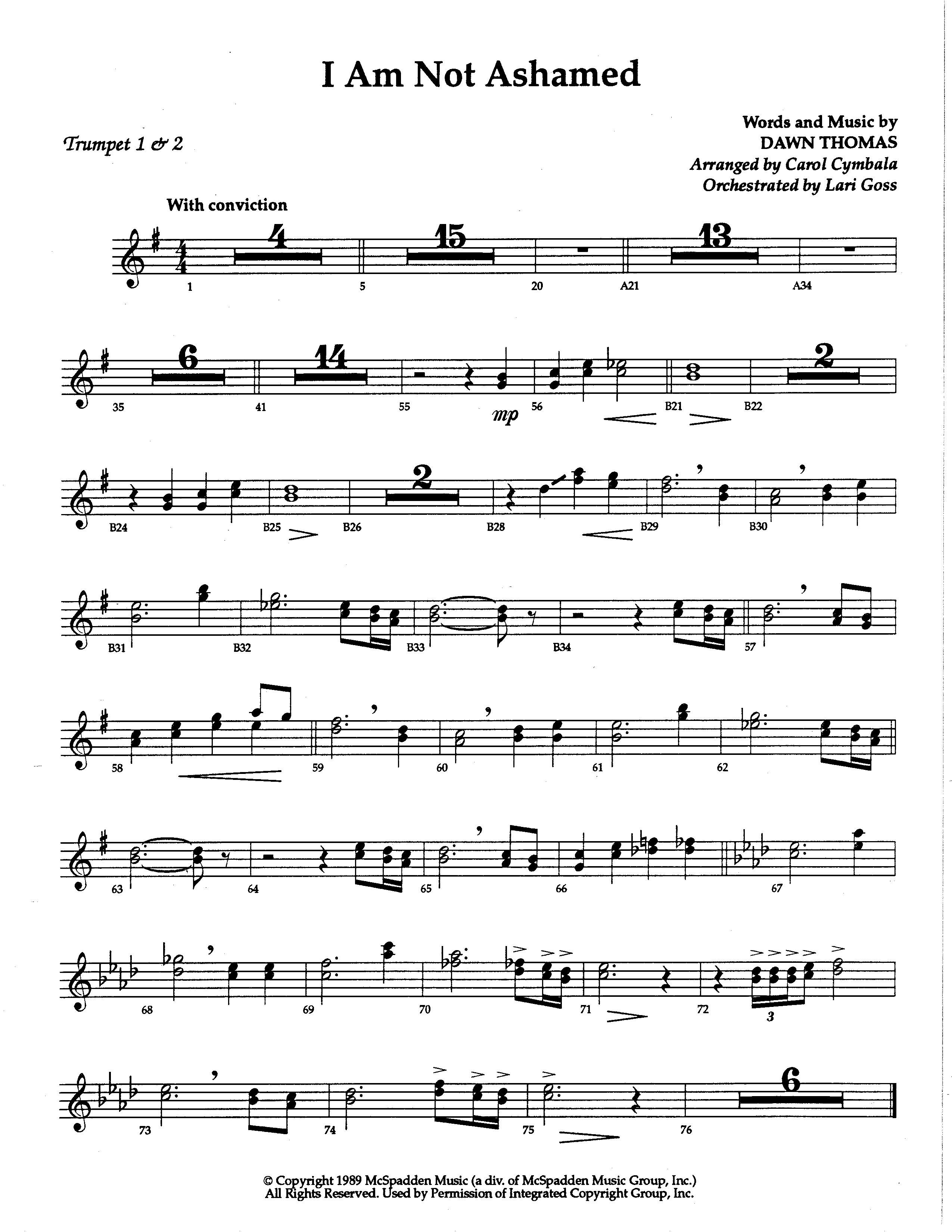 I Am Not Ashamed (Choral Anthem SATB) Trumpet 1,2 (The Brooklyn Tabernacle Choir / Arr. Carol Cymbala / Orch. Lari Goss)