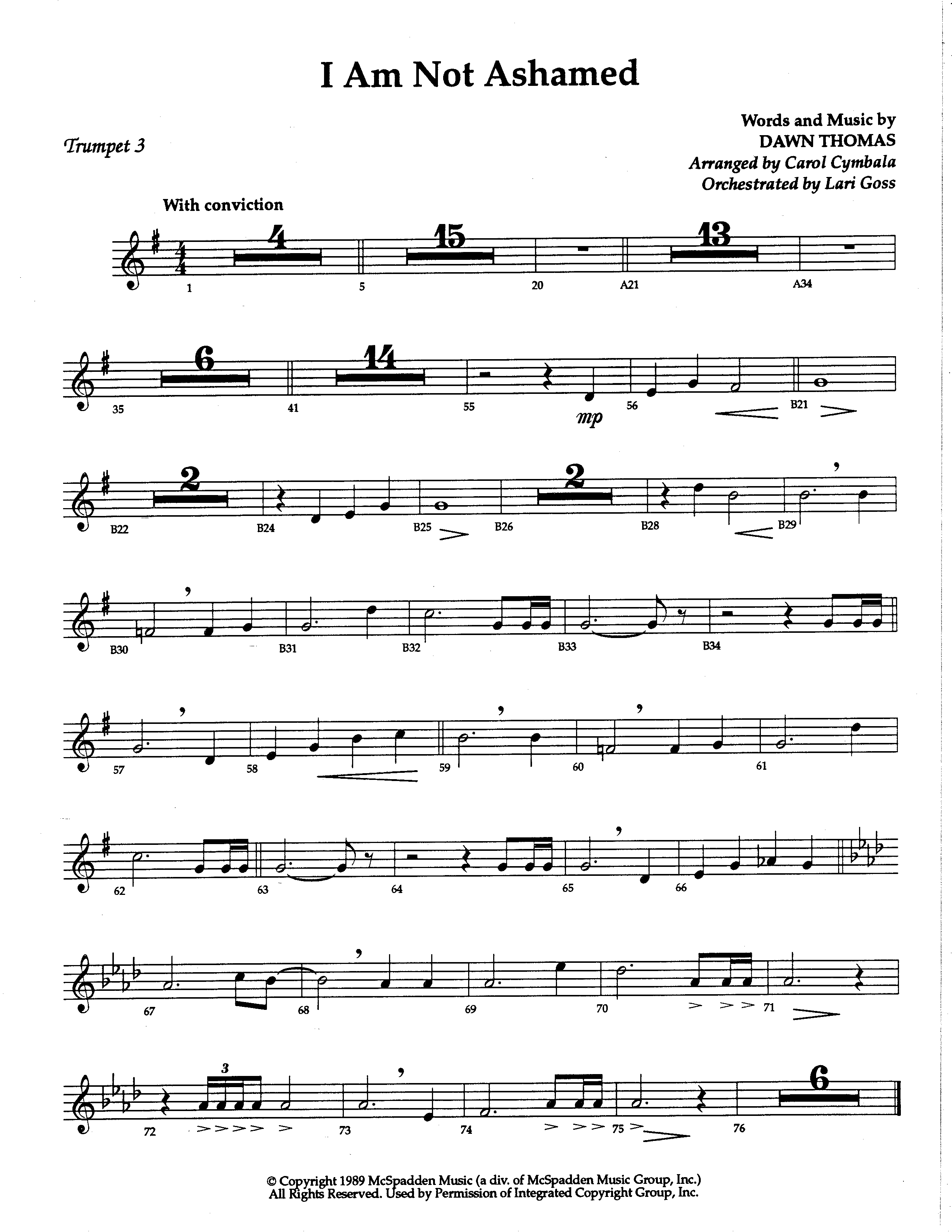 I Am Not Ashamed (Choral Anthem SATB) Trumpet 3 (The Brooklyn Tabernacle Choir / Arr. Carol Cymbala / Orch. Lari Goss)