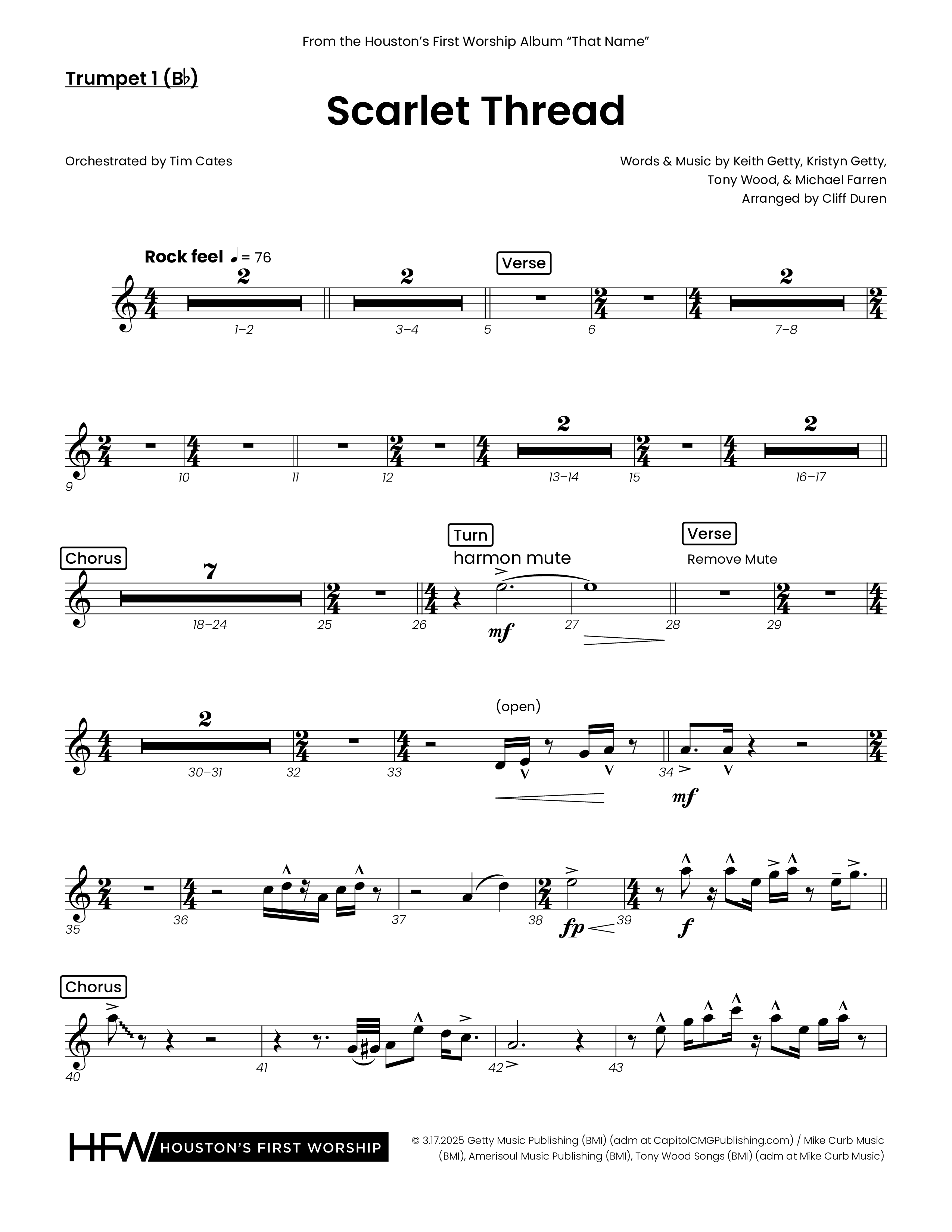 Scarlet Thread (Choral Anthem SATB) Trumpet 1 (Houston's First Worship)