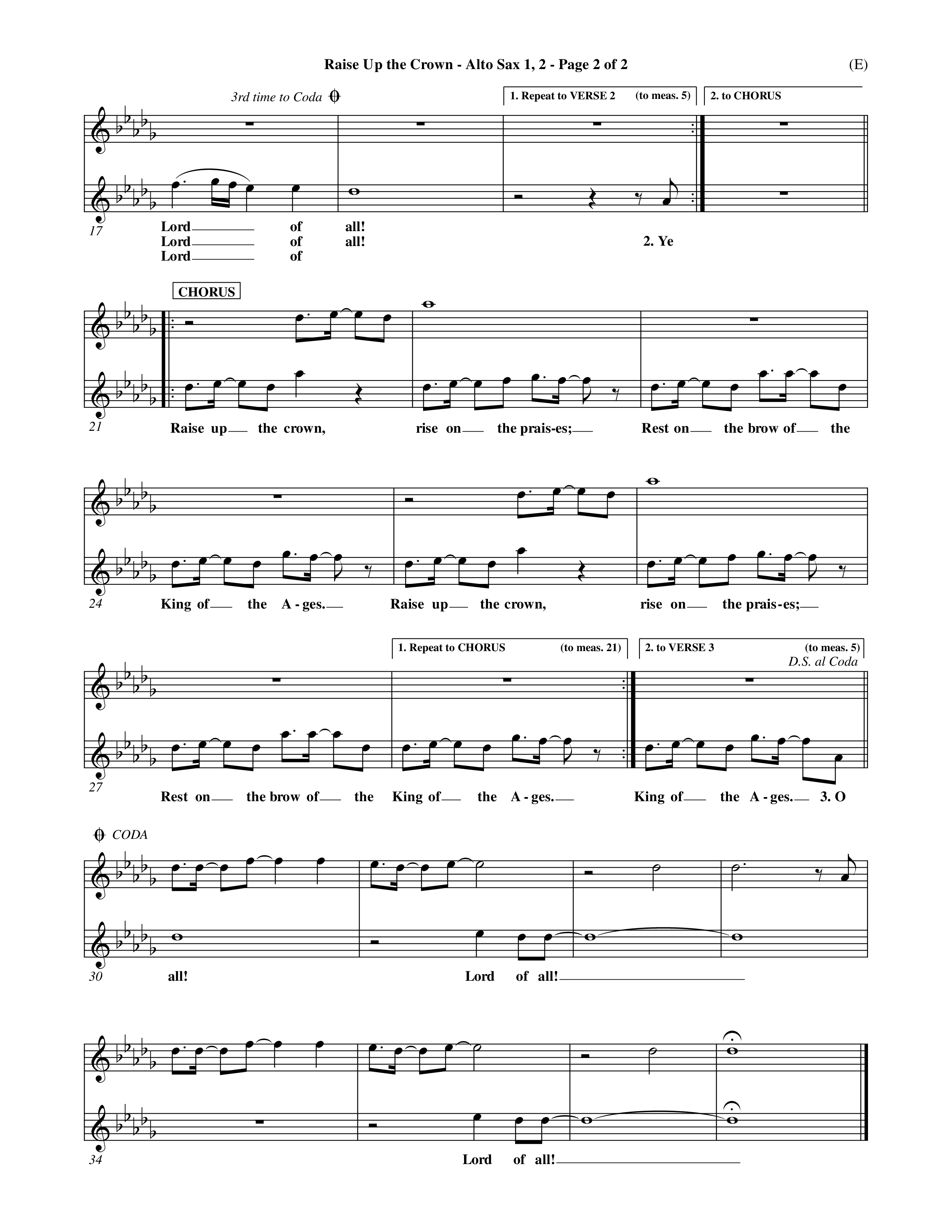 Raise Up The Crown (Choral Anthem SATB) Alto Sax 1/2 (Word Music Choral / Orch. Dave Williamson)
