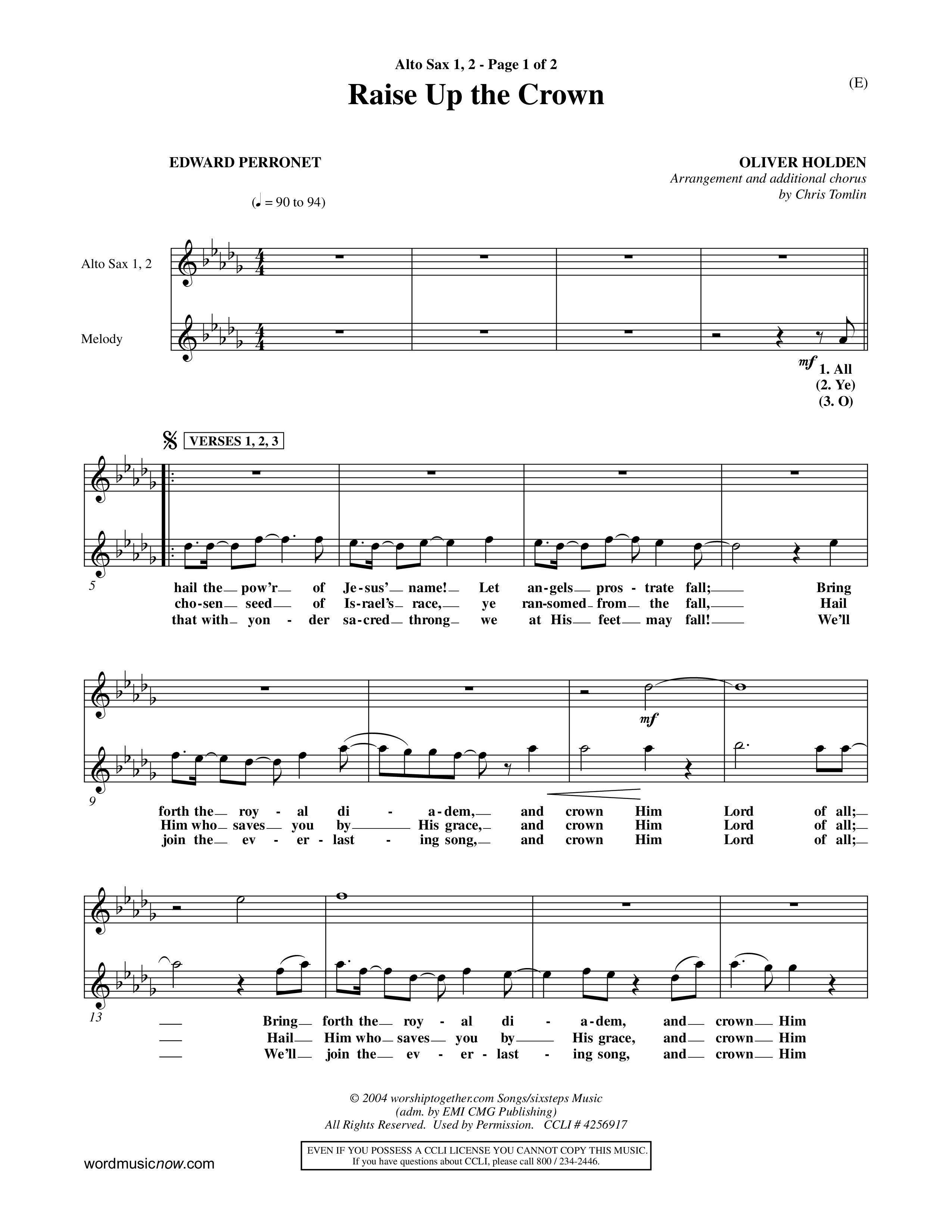 Raise Up The Crown (Choral Anthem SATB) Alto Sax 1/2 (Word Music Choral / Orch. Dave Williamson)
